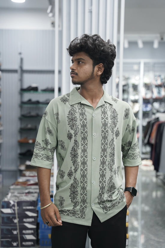 Mens Daily Wear FLOWER DESIGN Printed Five Sleeve Lycra Shirt - Mehandhi Green-7 Man