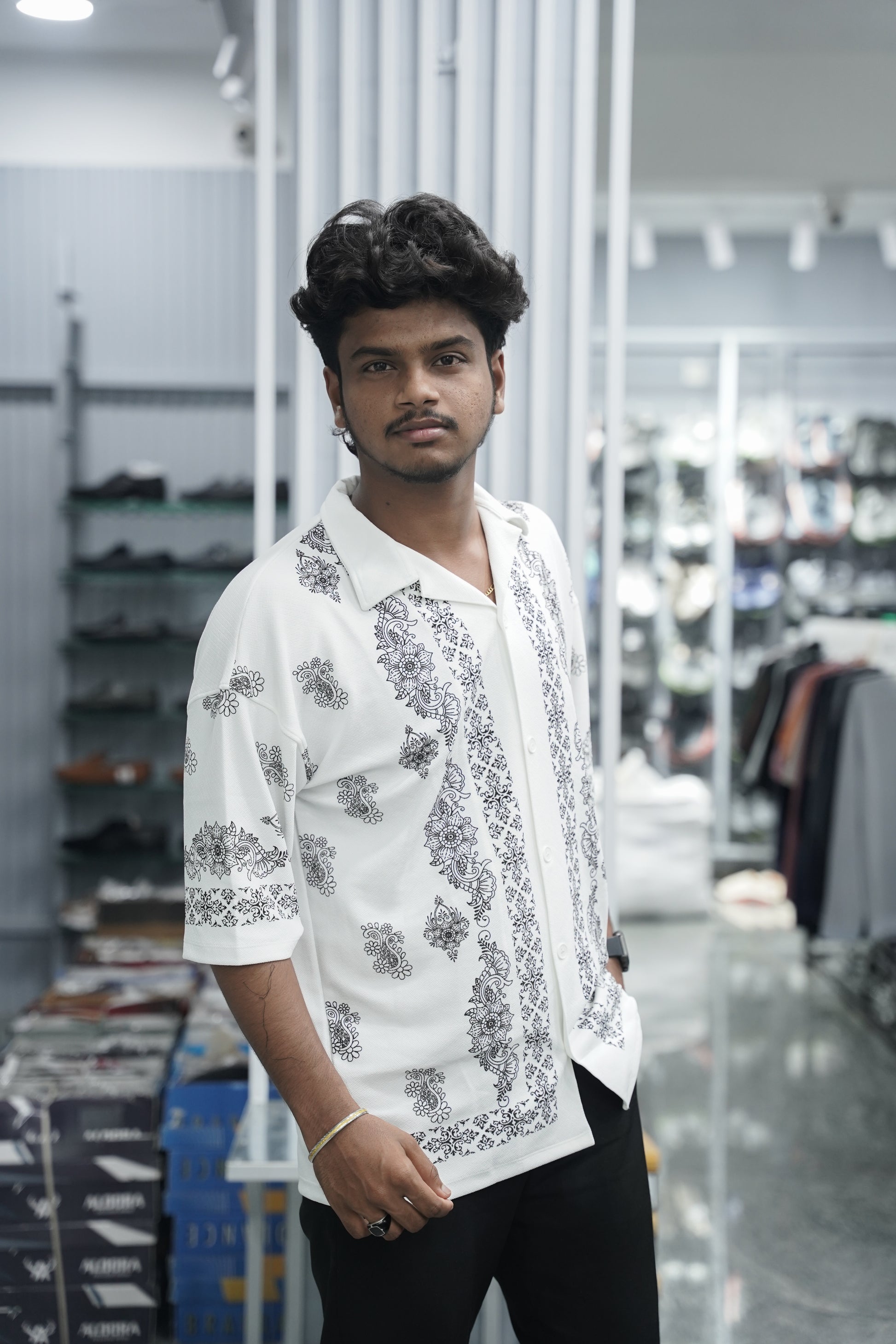 Mens Daily Wear FLOWER DESIGN Printed Five Sleeve Lycra Shirt - White-7 Man