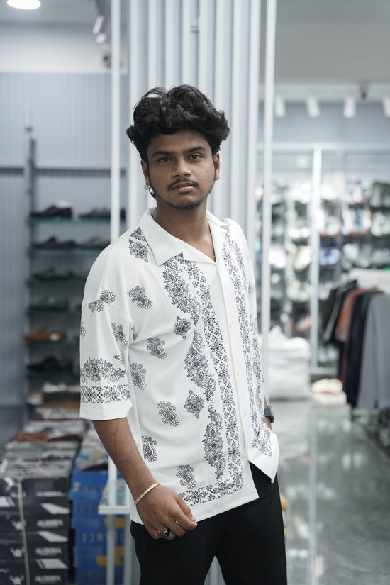 Mens Daily Wear FLOWER DESIGN Printed Five Sleeve Lycra Shirt - White-7 Man