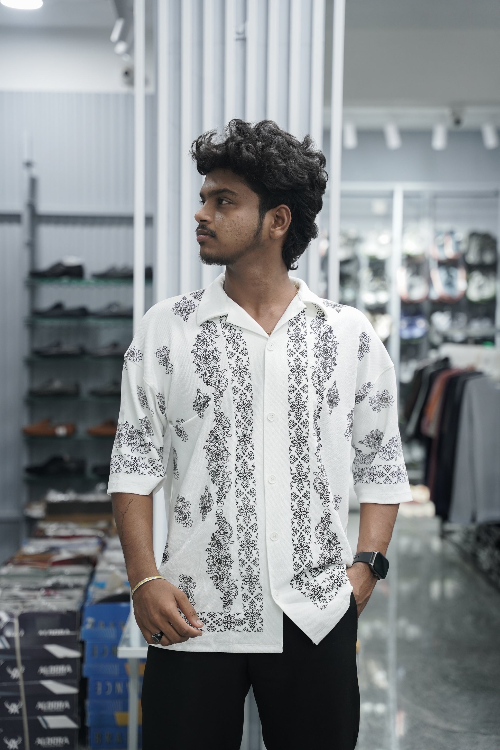 Mens Daily Wear FLOWER DESIGN Printed Five Sleeve Lycra Shirt - White-7 Man