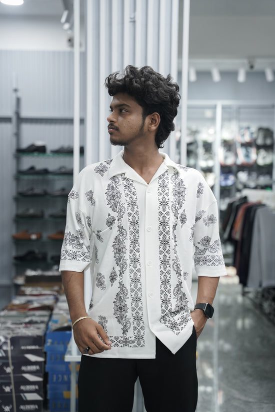 Mens Daily Wear FLOWER DESIGN Printed Five Sleeve Lycra Shirt - White-7 Man