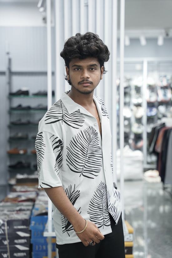Mens Daily Wear LEAF Printed Five Sleeve Lycra Shirt - Ash-7 Man