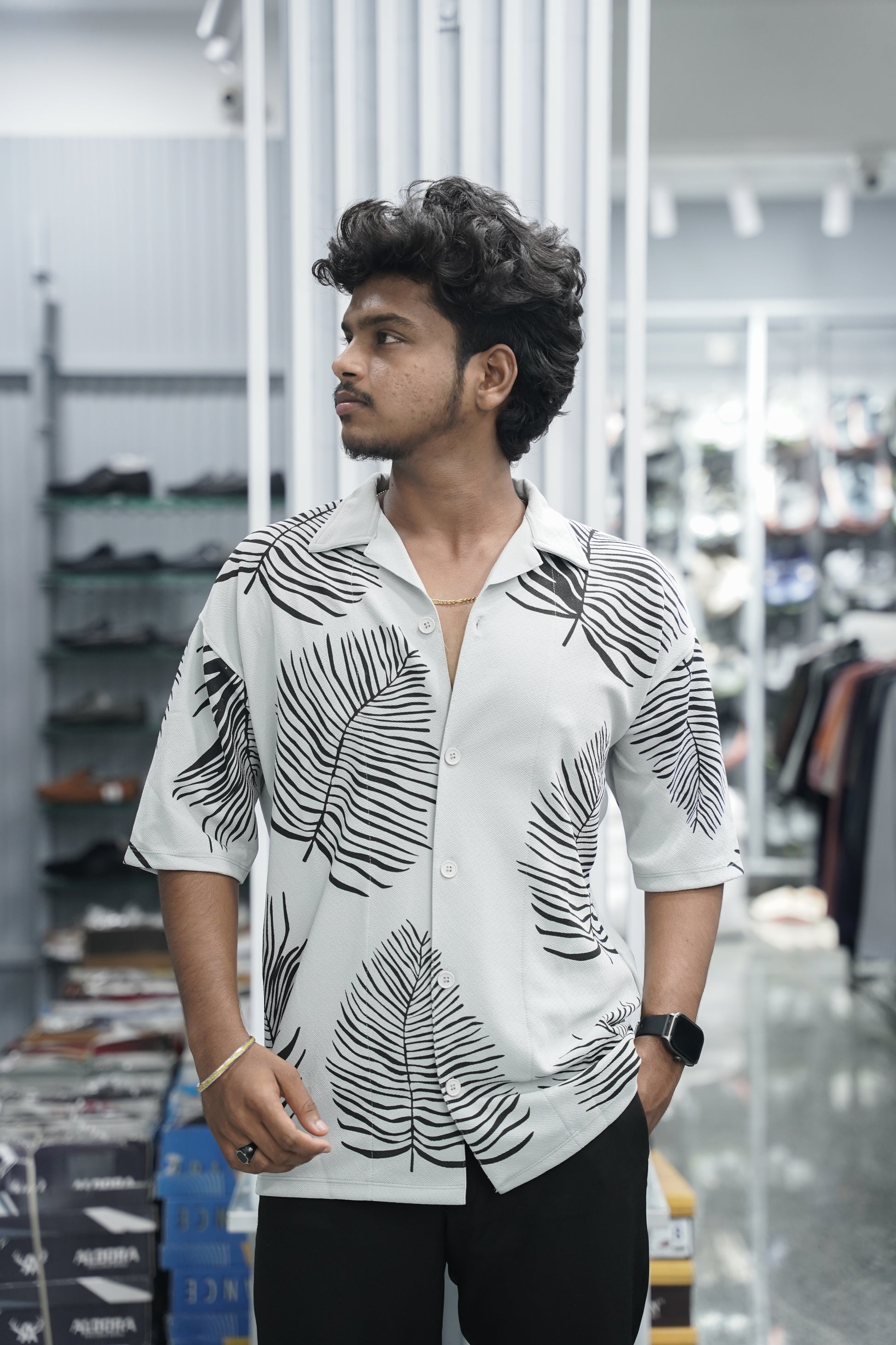 Mens Daily Wear LEAF Printed Five Sleeve Lycra Shirt - Ash-7 Man
