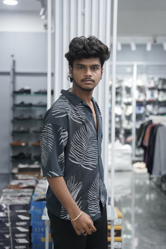 Mens Daily Wear LEAF Printed Five Sleeve Lycra Shirt - Grey-7 Man