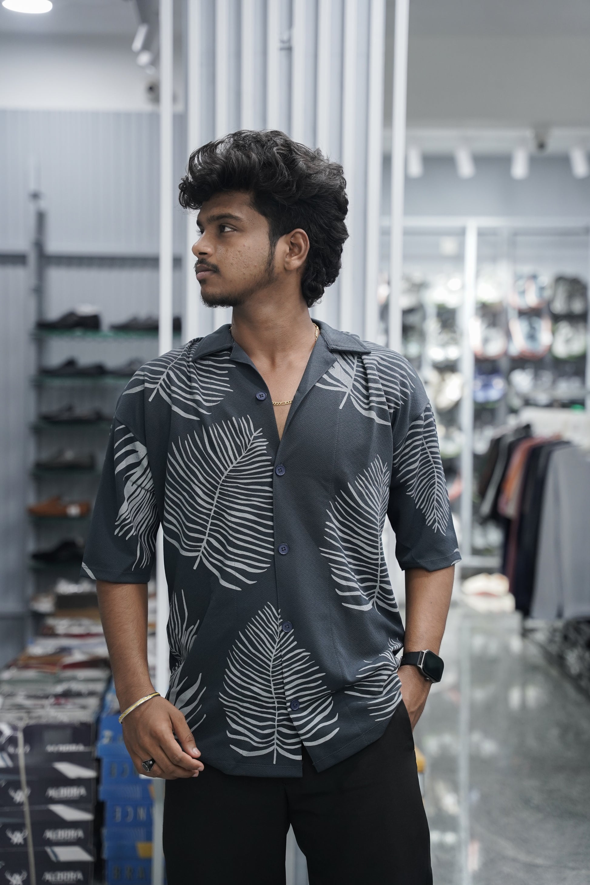 Mens Daily Wear LEAF Printed Five Sleeve Lycra Shirt - Grey-7 Man