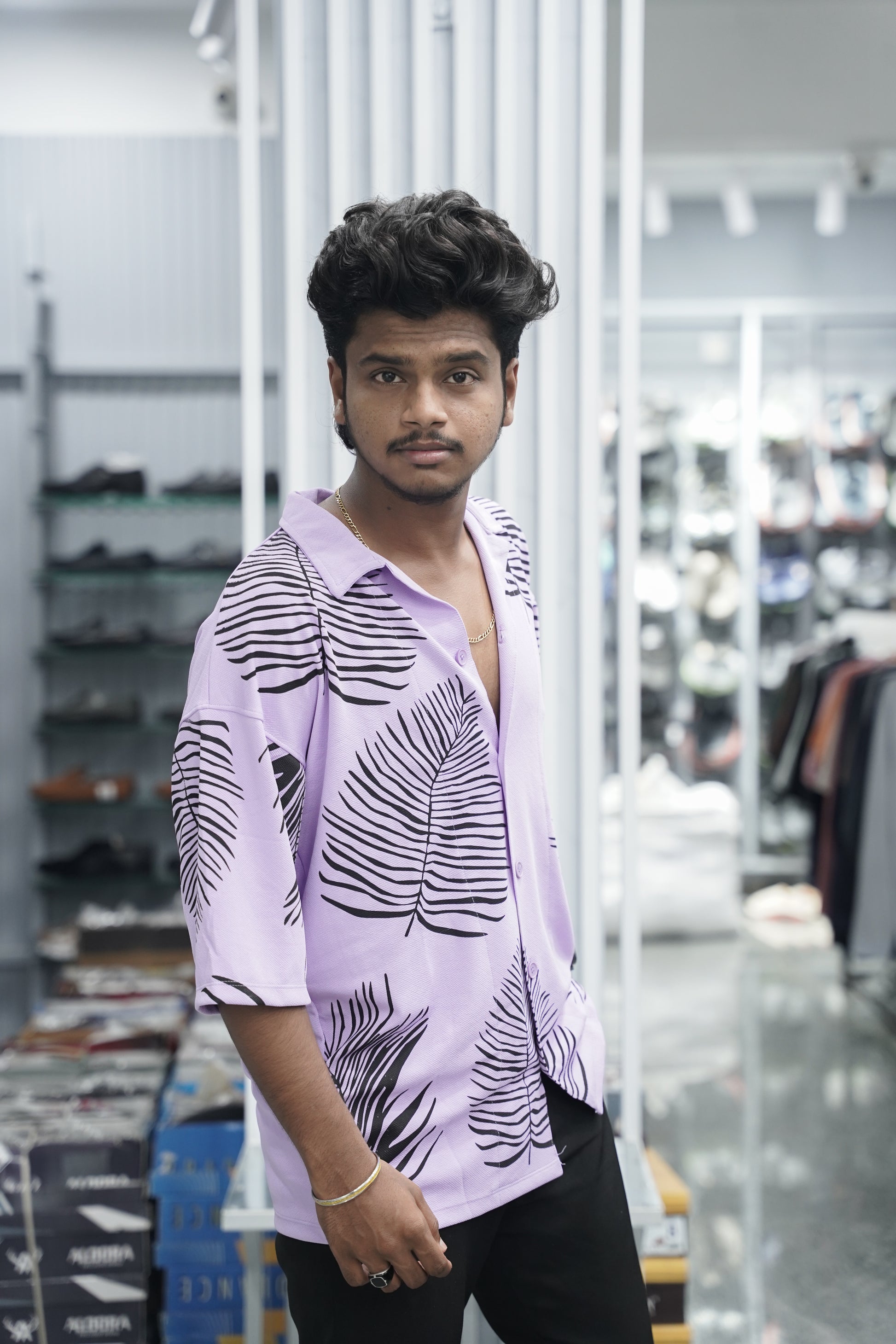 Mens Daily Wear LEAF Printed Five Sleeve Lycra Shirt - Pink-7 Man