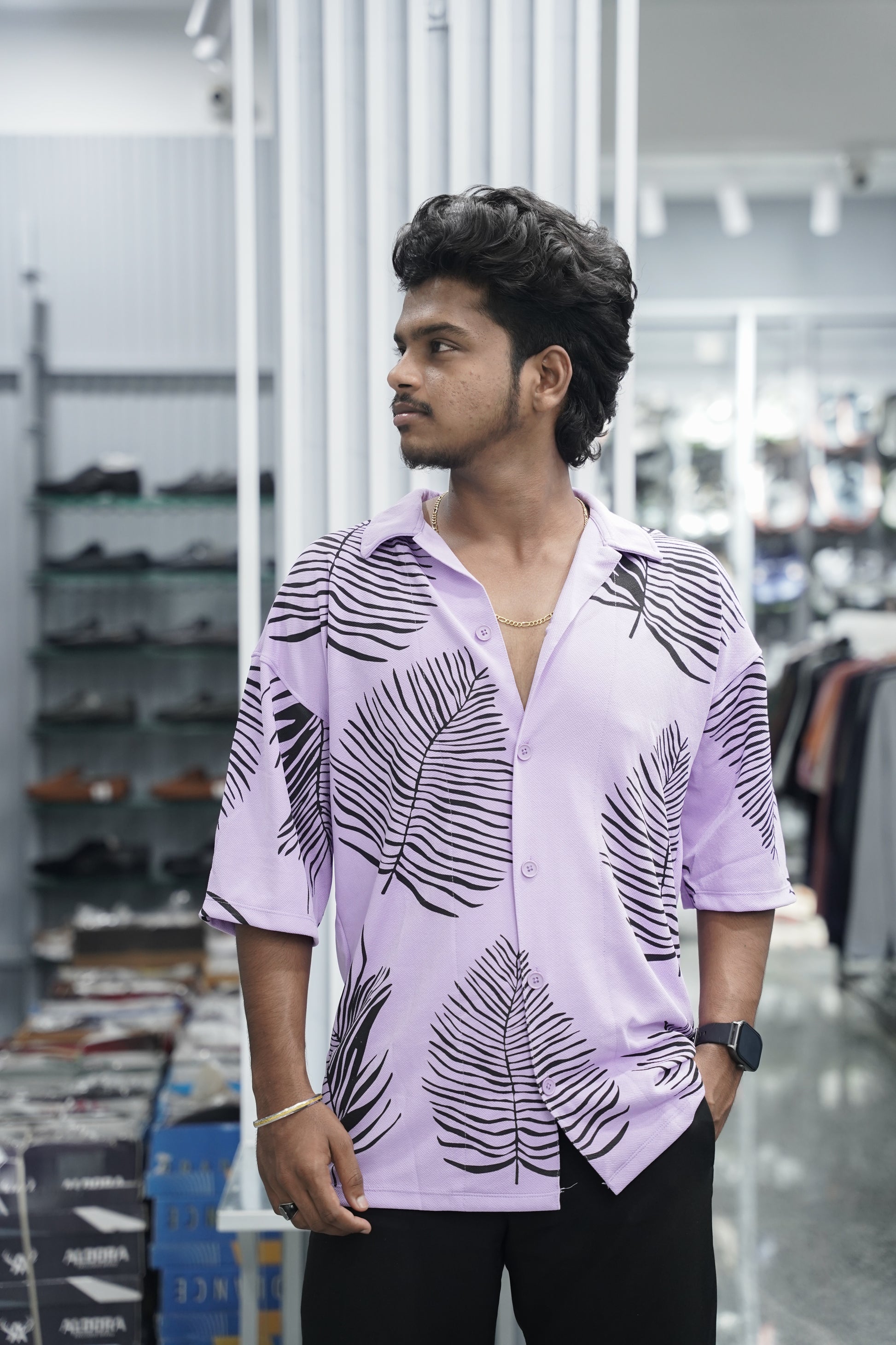 Mens Daily Wear LEAF Printed Five Sleeve Lycra Shirt - Pink-7 Man