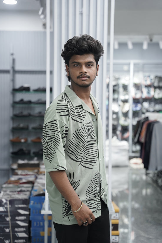Mens Daily Wear LEAF Printed Five Sleeve Lycra Shirt - Mehandhi Green-7 Man