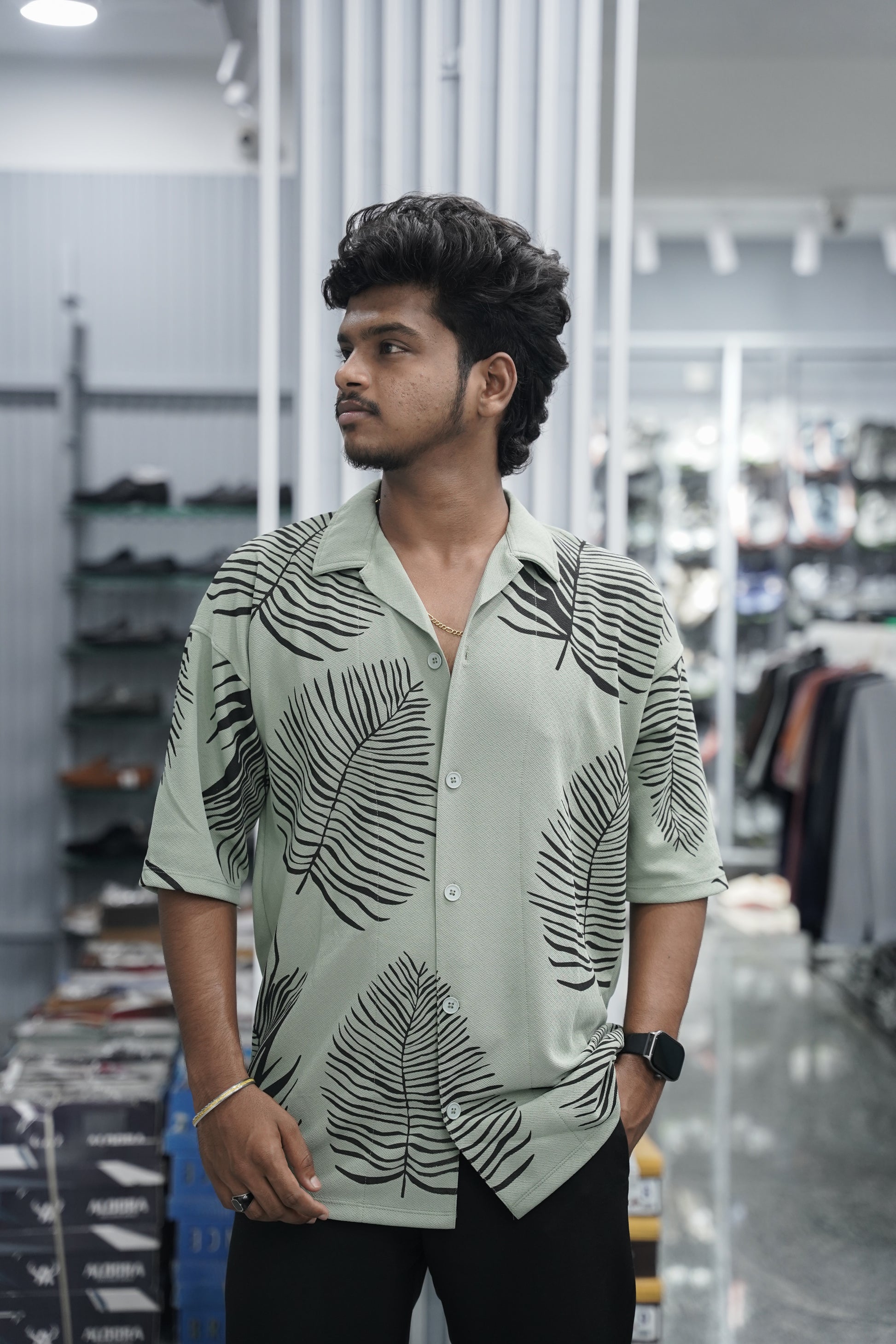 Mens Daily Wear LEAF Printed Five Sleeve Lycra Shirt - Mehandhi Green-7 Man