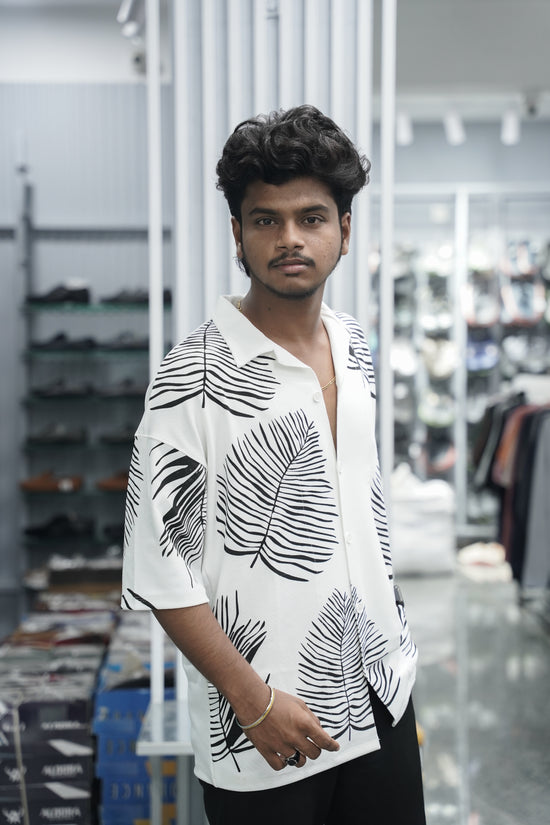 Mens Daily Wear LEAF Printed Five Sleeve Lycra Shirt - White-7 Man