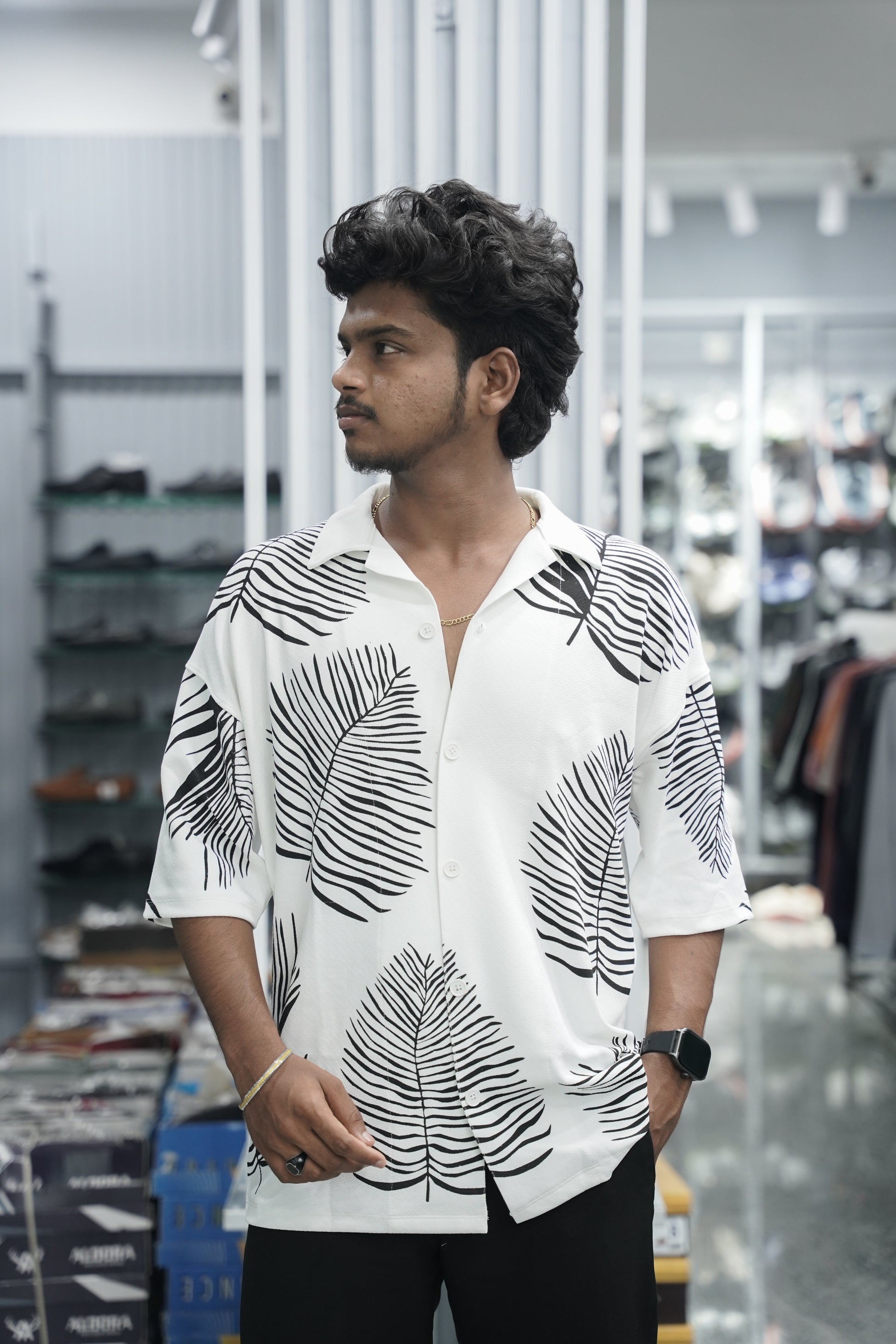 Mens Daily Wear LEAF Printed Five Sleeve Lycra Shirt - White-7 Man