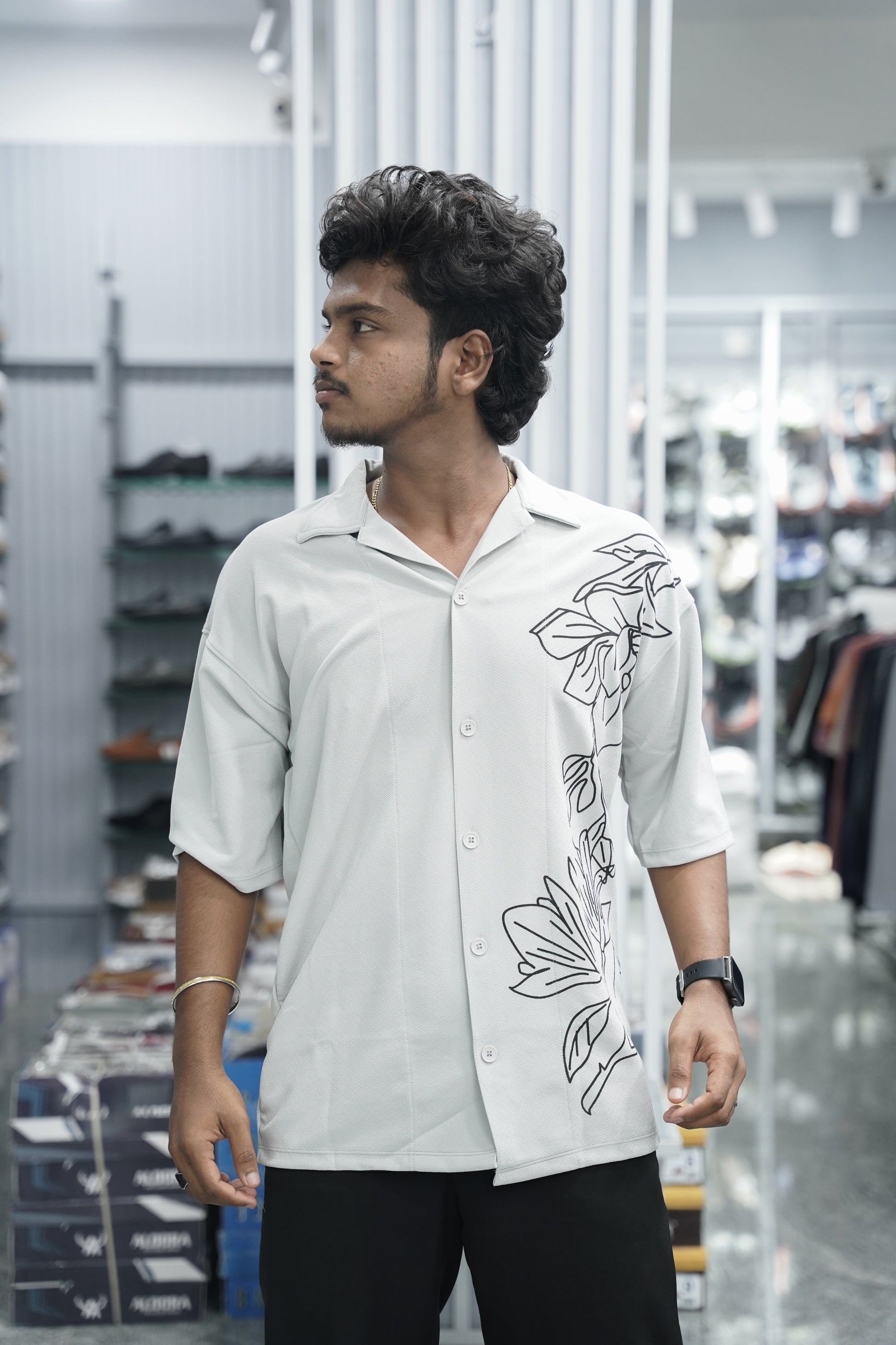 Mens Daily Wear PLANT Printed Five Sleeve Lycra Shirt - Ash-7 Man