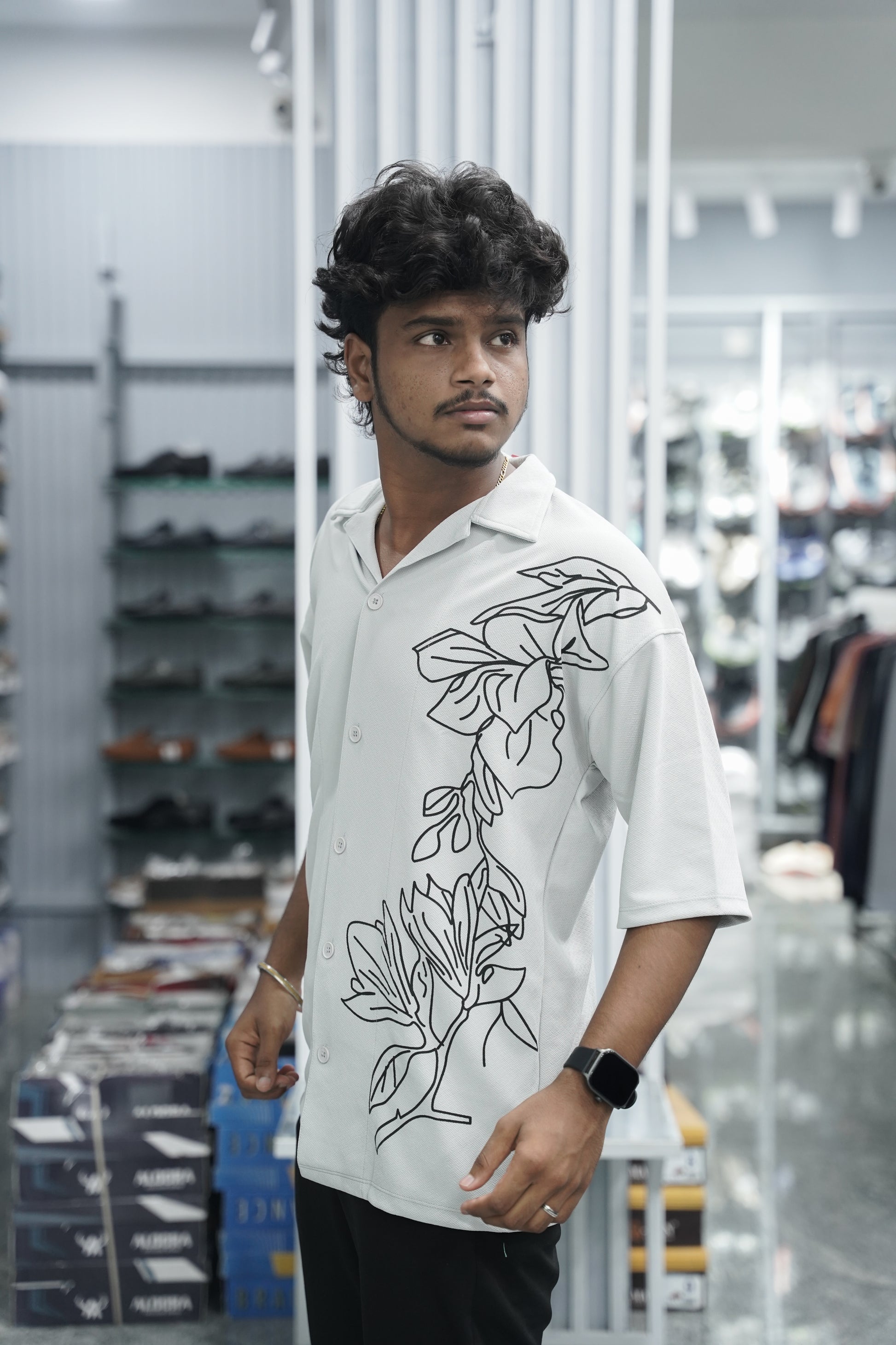 Mens Daily Wear PLANT Printed Five Sleeve Lycra Shirt - Ash-7 Man