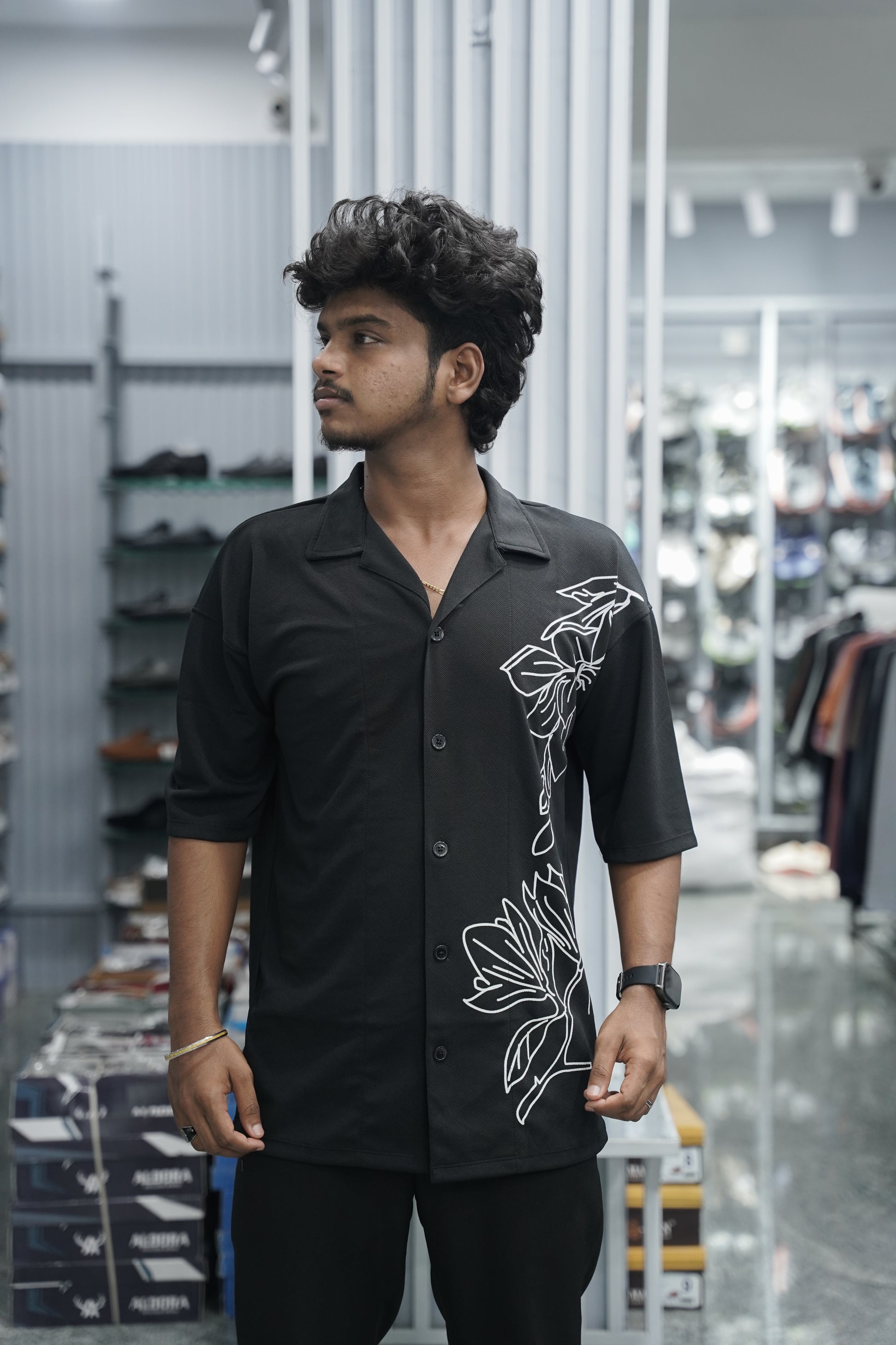 Mens Daily Wear PLANT Printed Five Sleeve Lycra Shirt - Black-7 Man