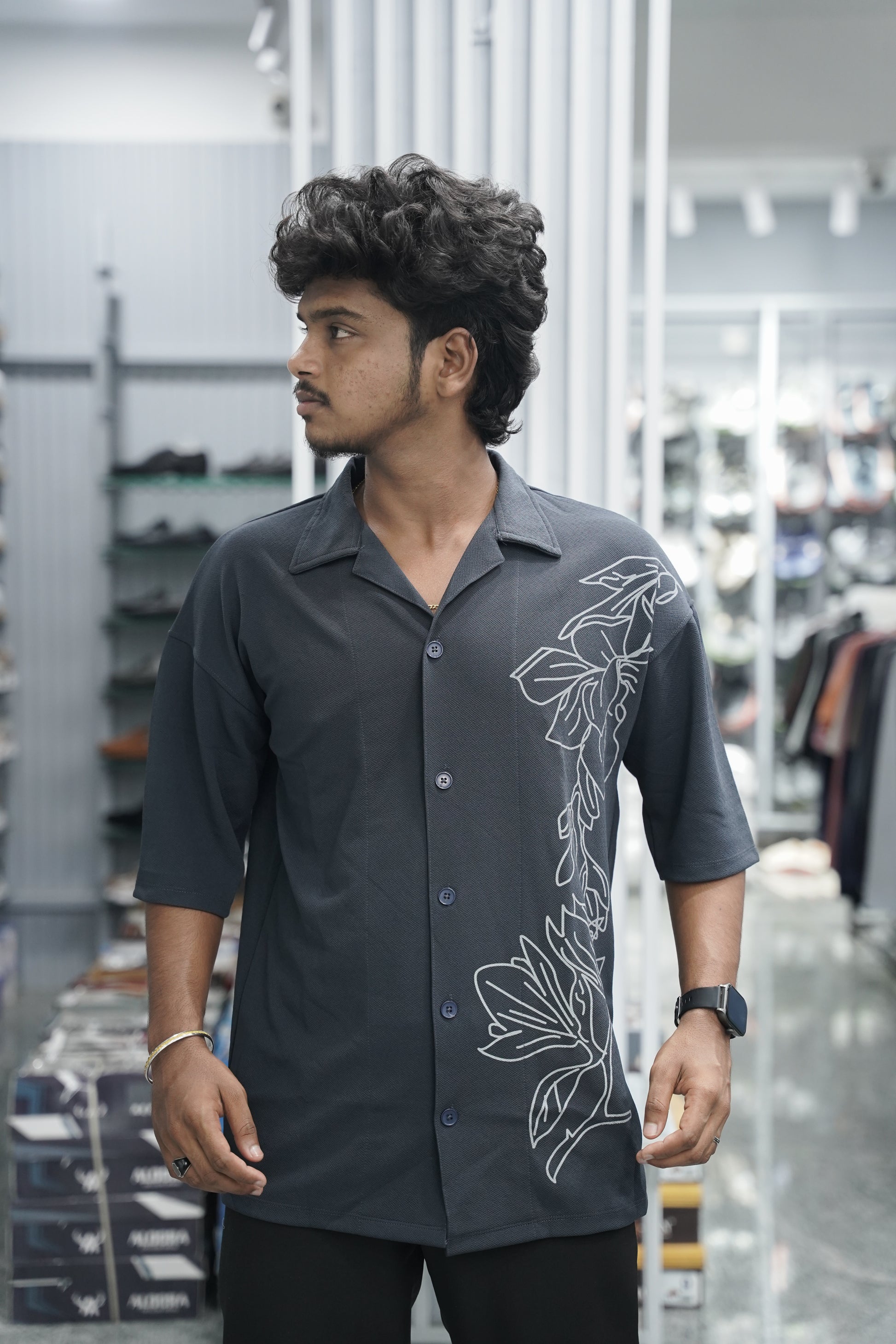 Mens Daily Wear PLANT Printed Five Sleeve Lycra Shirt - Grey-7 Man