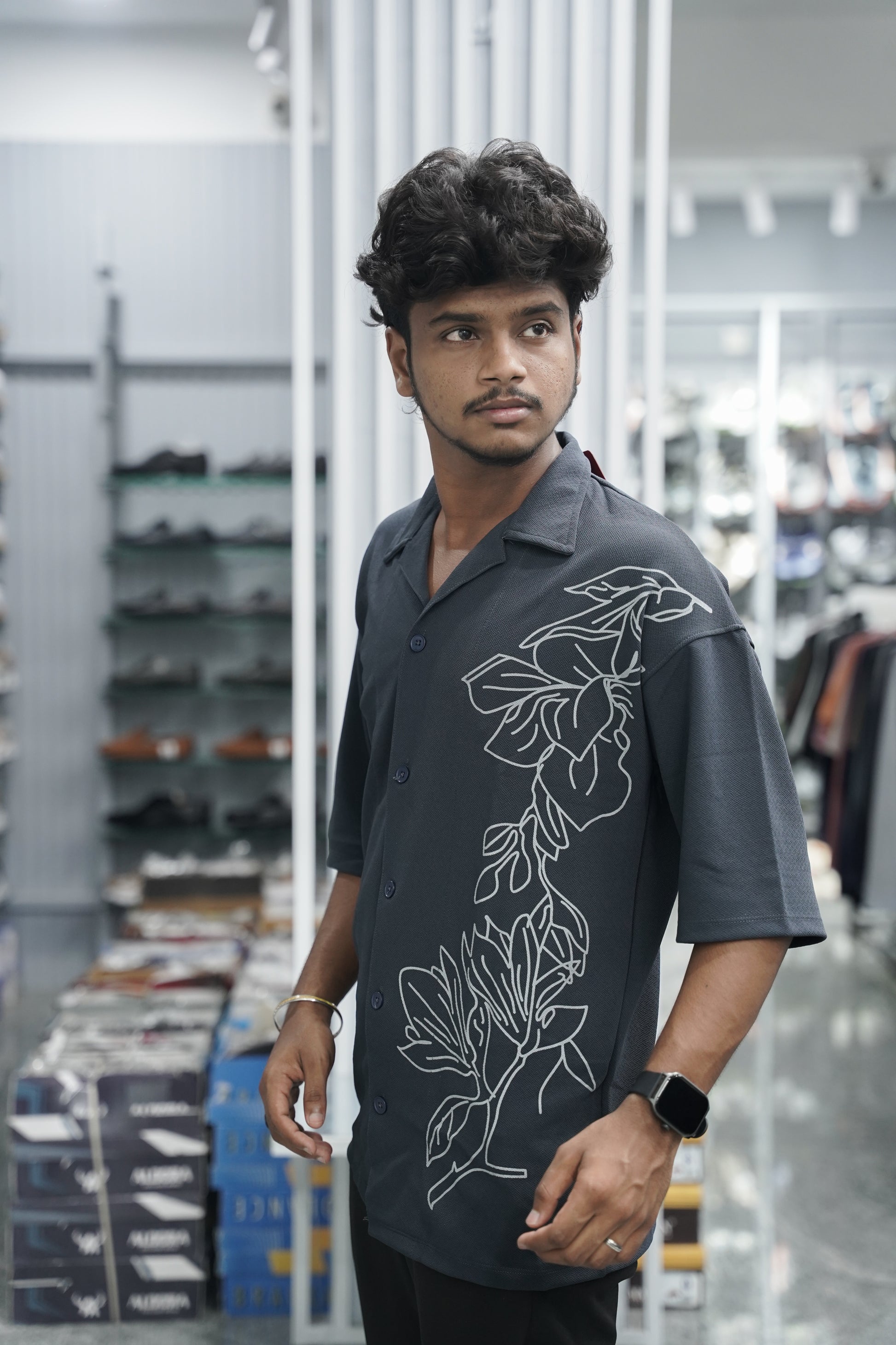 Mens Daily Wear PLANT Printed Five Sleeve Lycra Shirt - Grey-7 Man