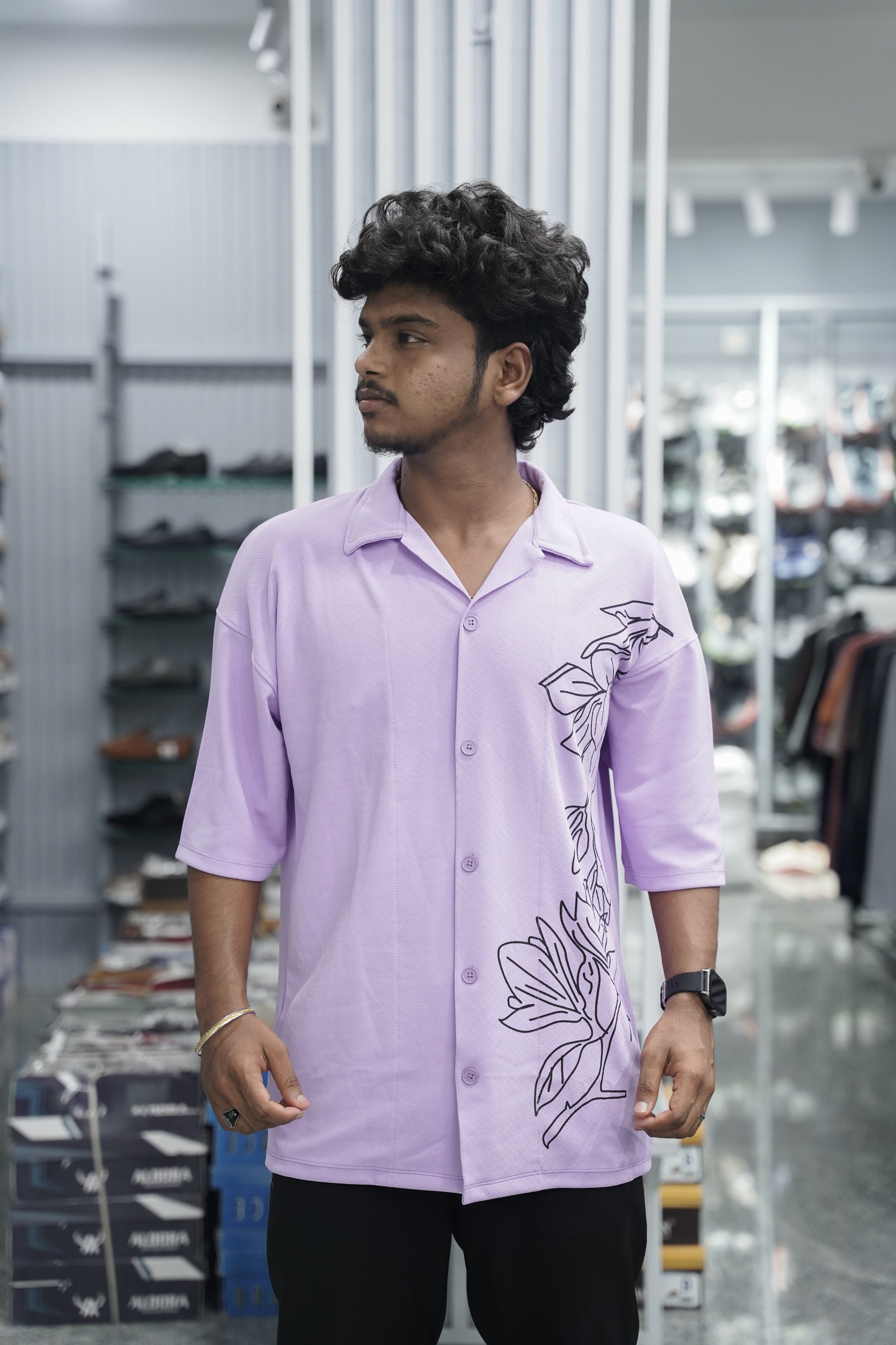 Mens Daily Wear PLANT Printed Five Sleeve Lycra Shirt - Pink-7 Man