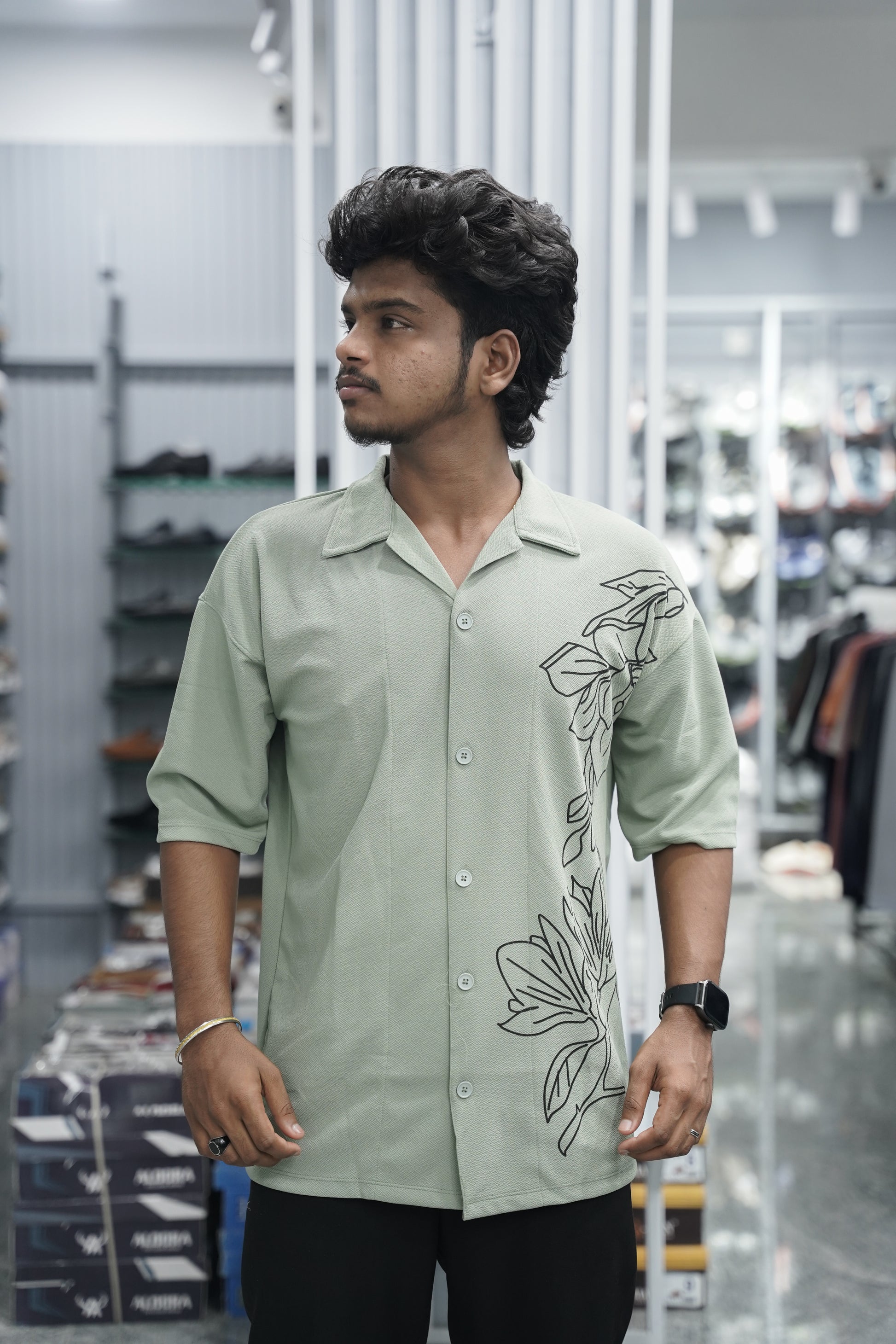 Mens Daily Wear PLANT Printed Five Sleeve Lycra Shirt - Mehandhi Green-7 Man
