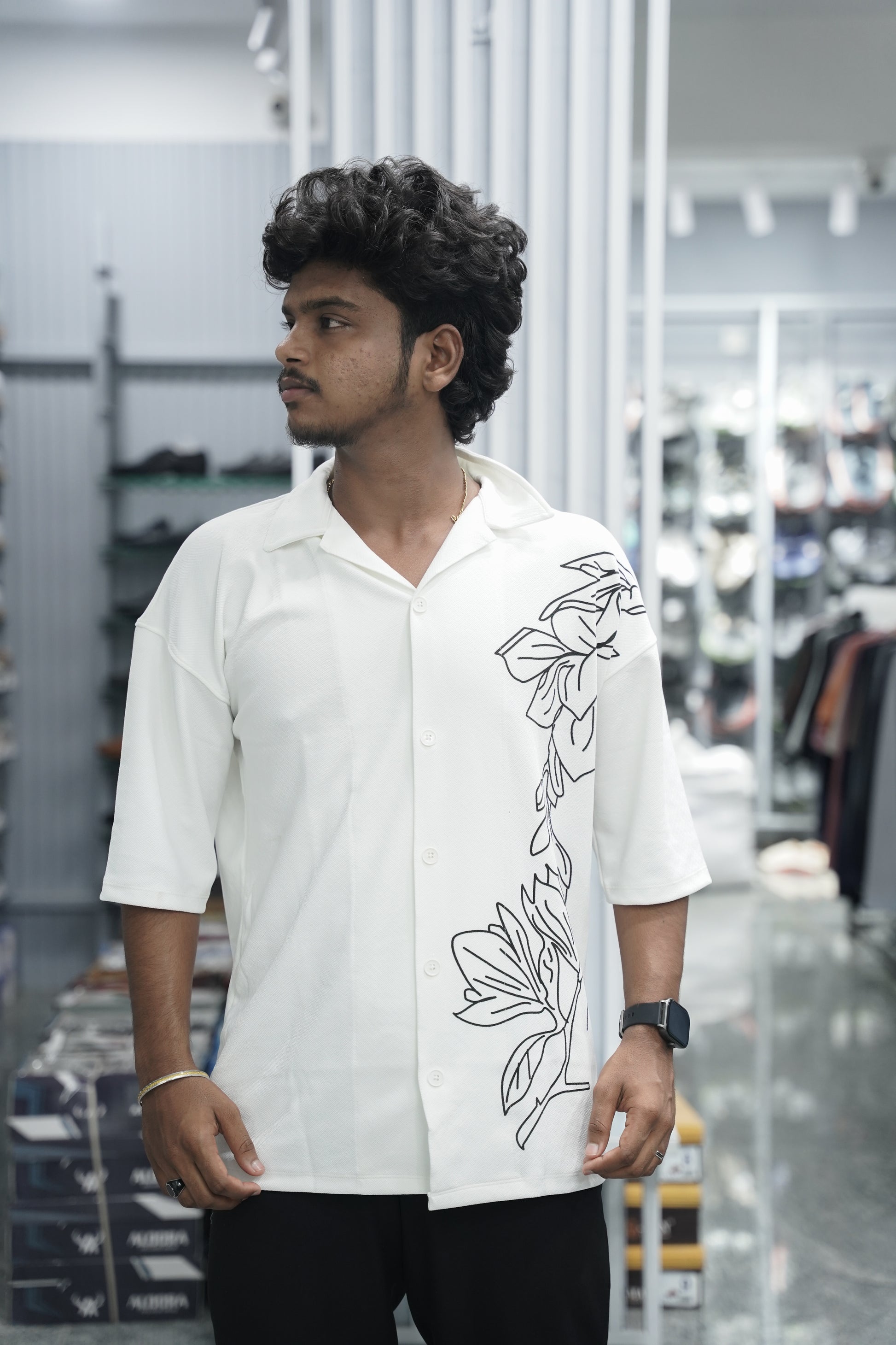 Mens Daily Wear PLANT Printed Five Sleeve Lycra Shirt - White-7 Man