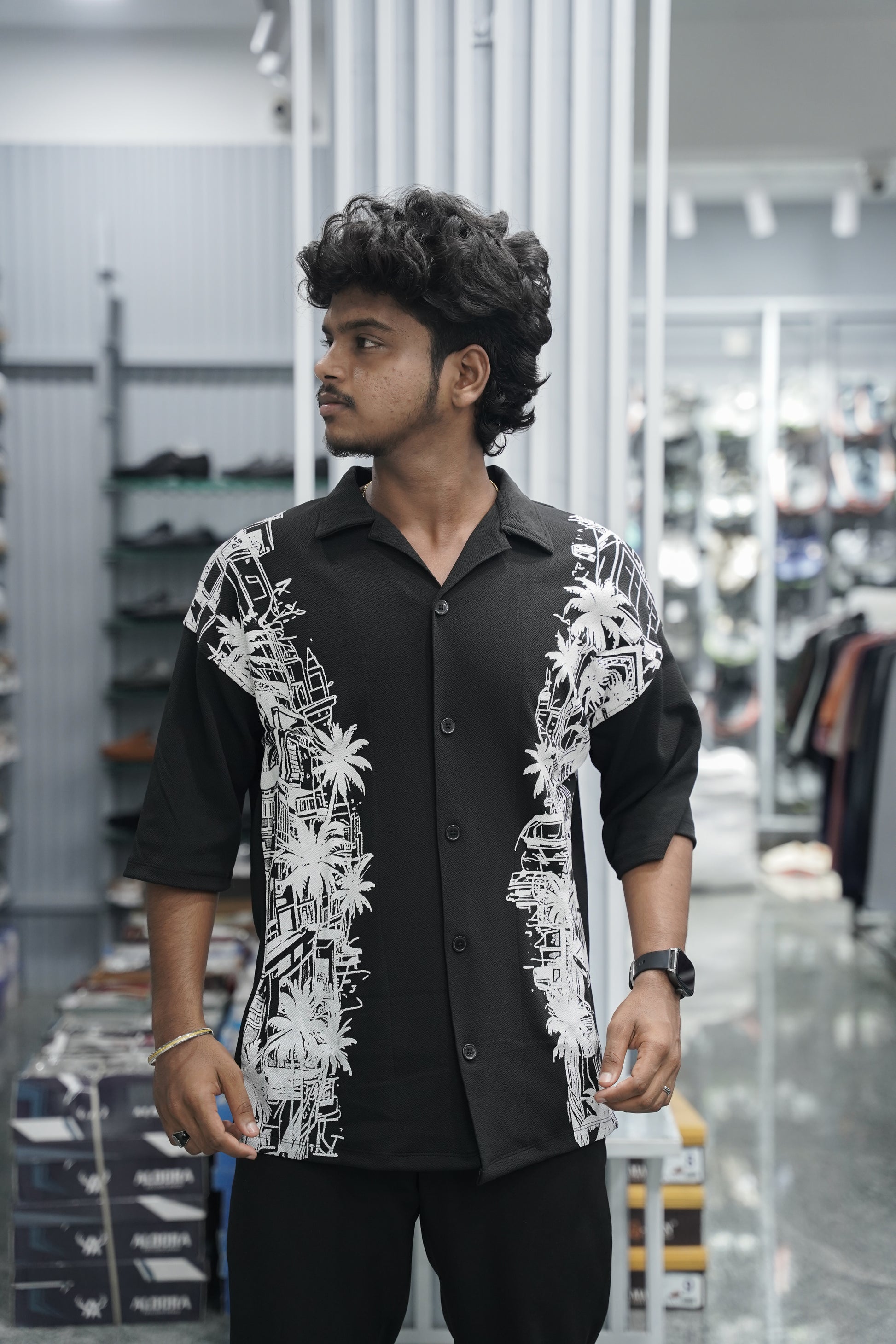 Mens Daily Wear TWO SIDE Printed Five Sleeve Lycra Shirt - Black-7 Man