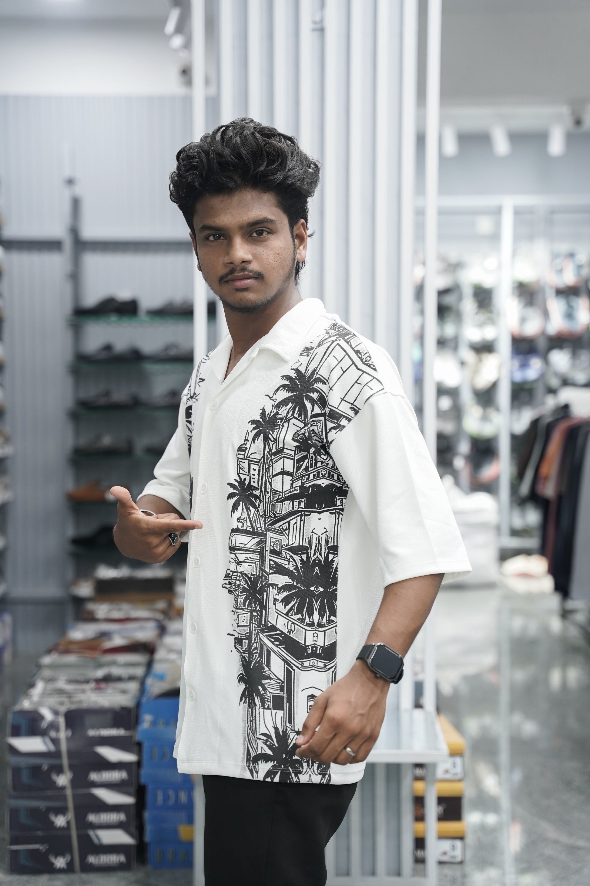 Mens Daily Wear TWO SIDE Printed Five Sleeve Lycra Shirt - White-7 Man