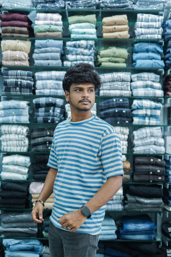 Men's Dailywear Half Sleeve Round Neck Small Striped T-Shirt - Sky Blue-7 Man