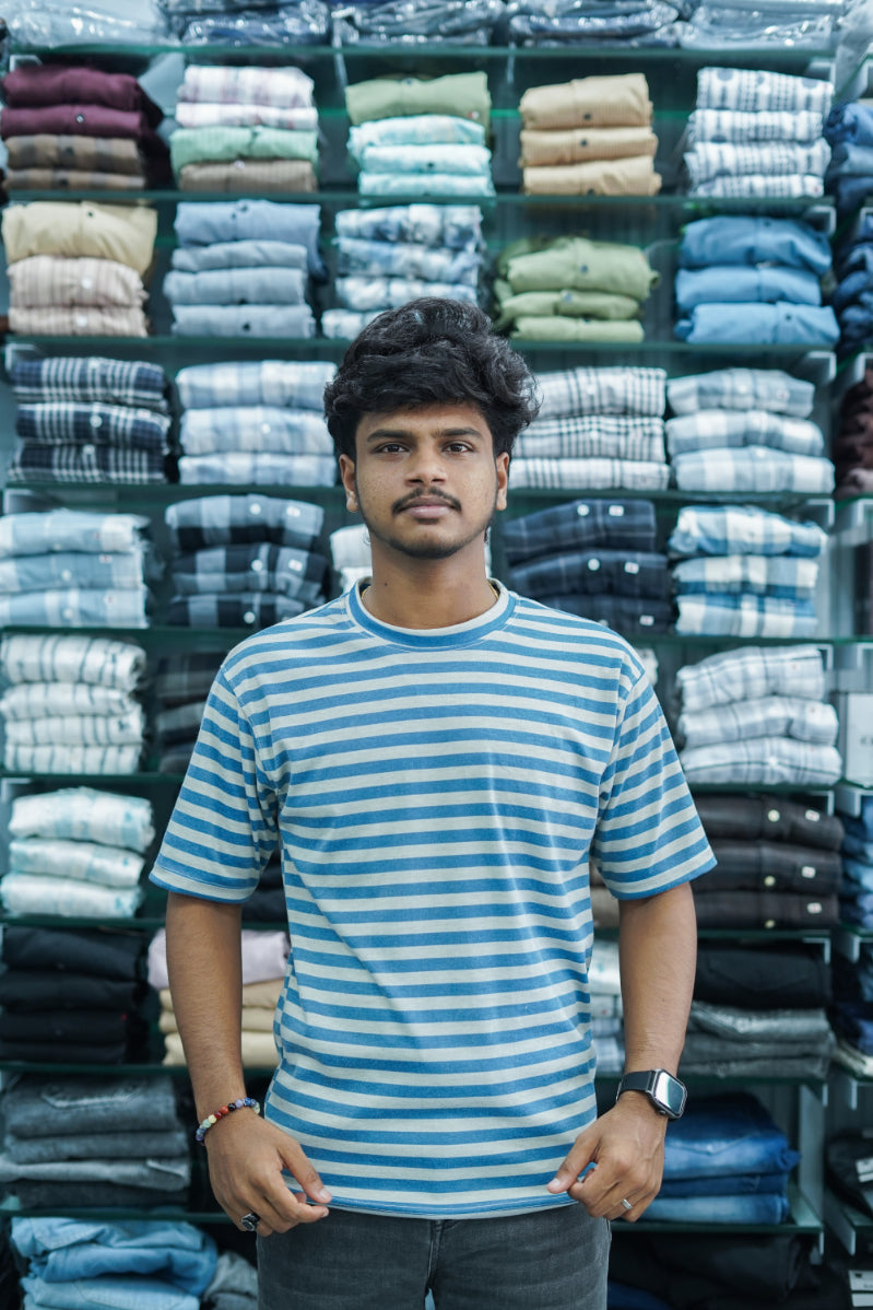 Men's Dailywear Half Sleeve Round Neck Small Striped T-Shirt - Sky Blue-7 Man