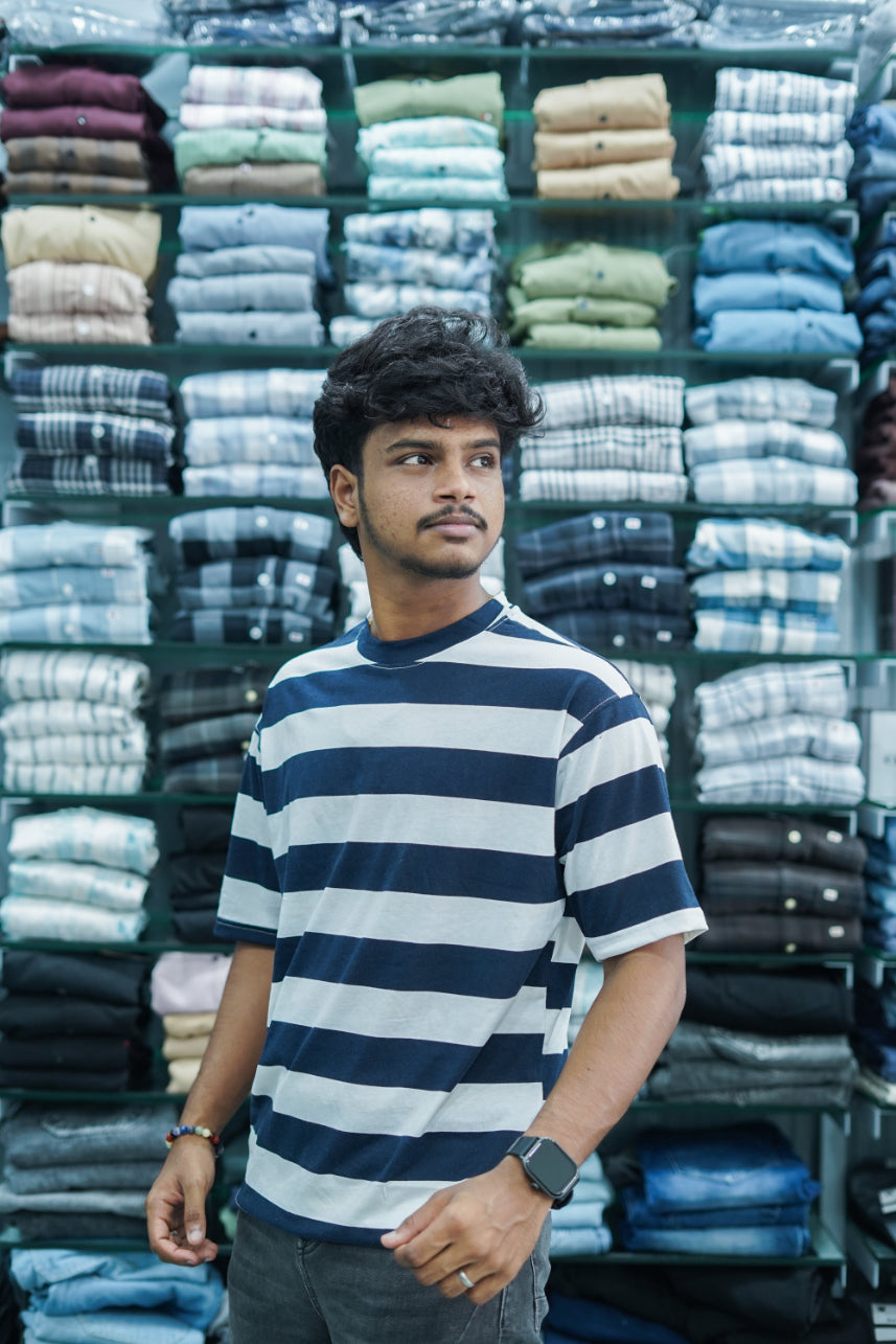 Men's Dailywear Half Sleeve Round Neck Striped T-Shirt - Blue-7 Man