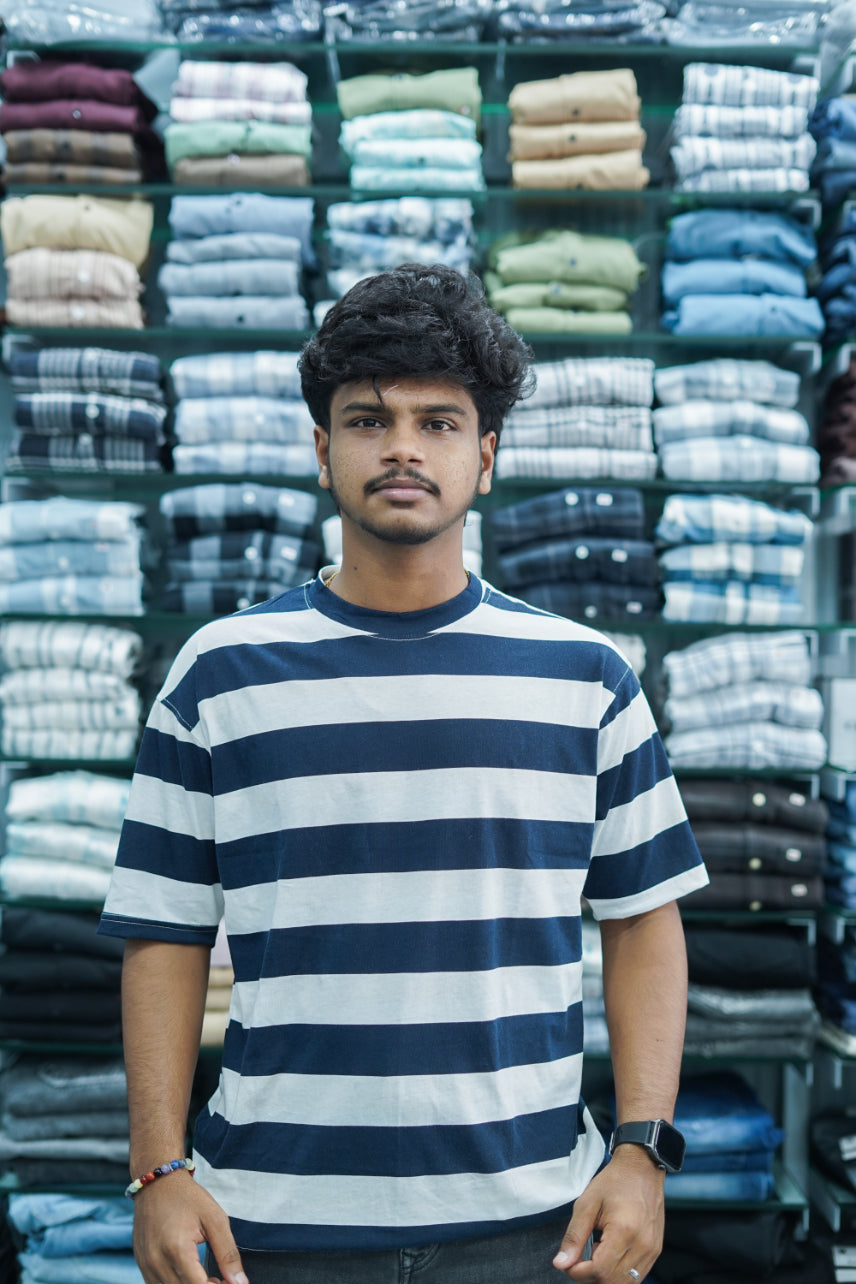 Men's Dailywear Half Sleeve Round Neck Striped T-Shirt - Blue-7 Man