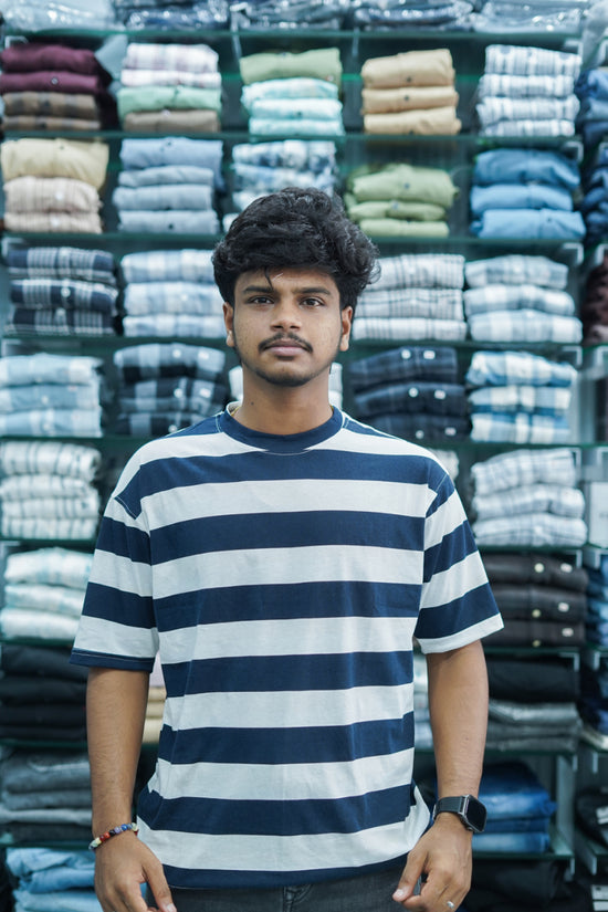 Men's Dailywear Half Sleeve Round Neck Striped T-Shirt - Blue-7 Man