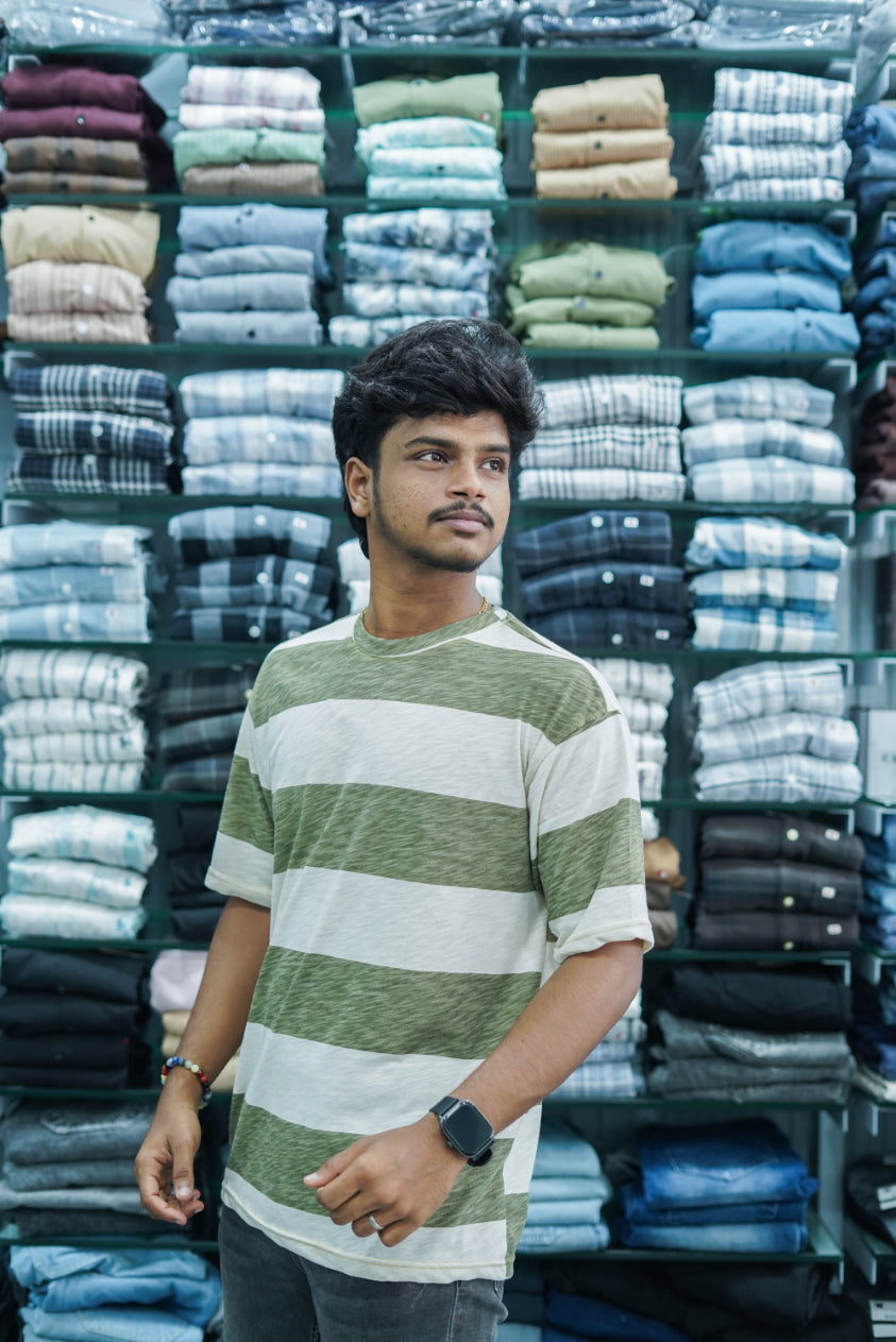 Men's Dailywear Half Sleeve Round Neck Striped T-Shirt - Green-7 Man