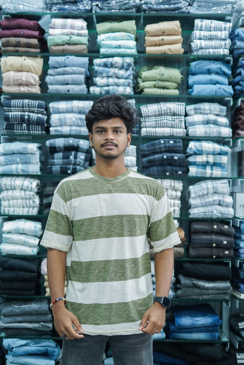 Men's Dailywear Half Sleeve Round Neck Striped T-Shirt - Green-7 Man