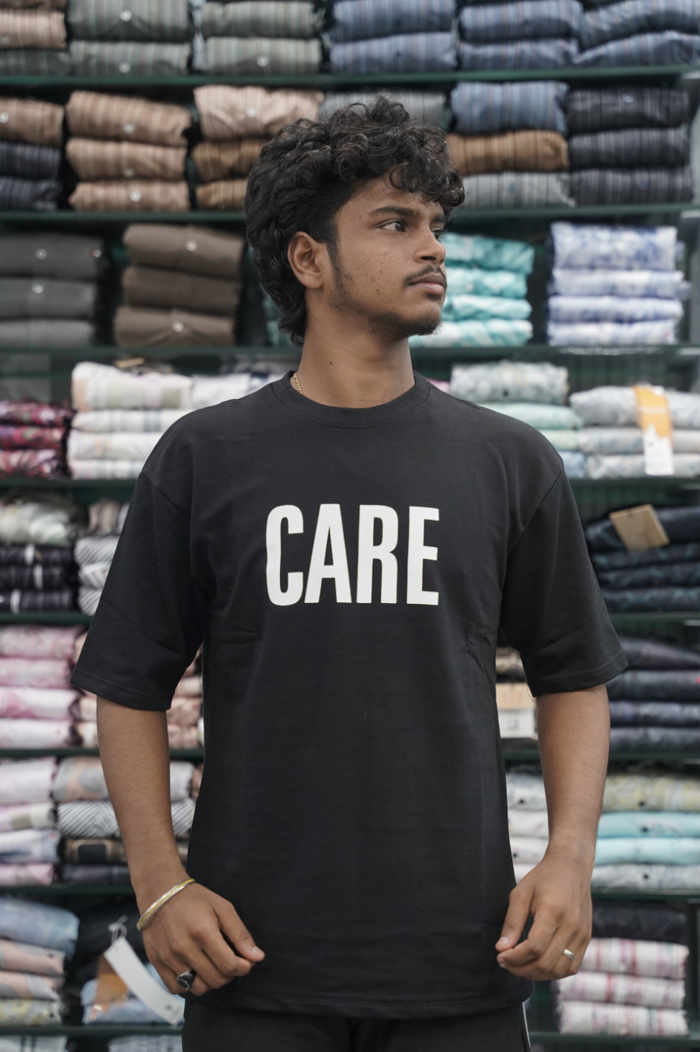 Mens Five Sleeve Back Printed CARE Oversize T-Shirt -Black