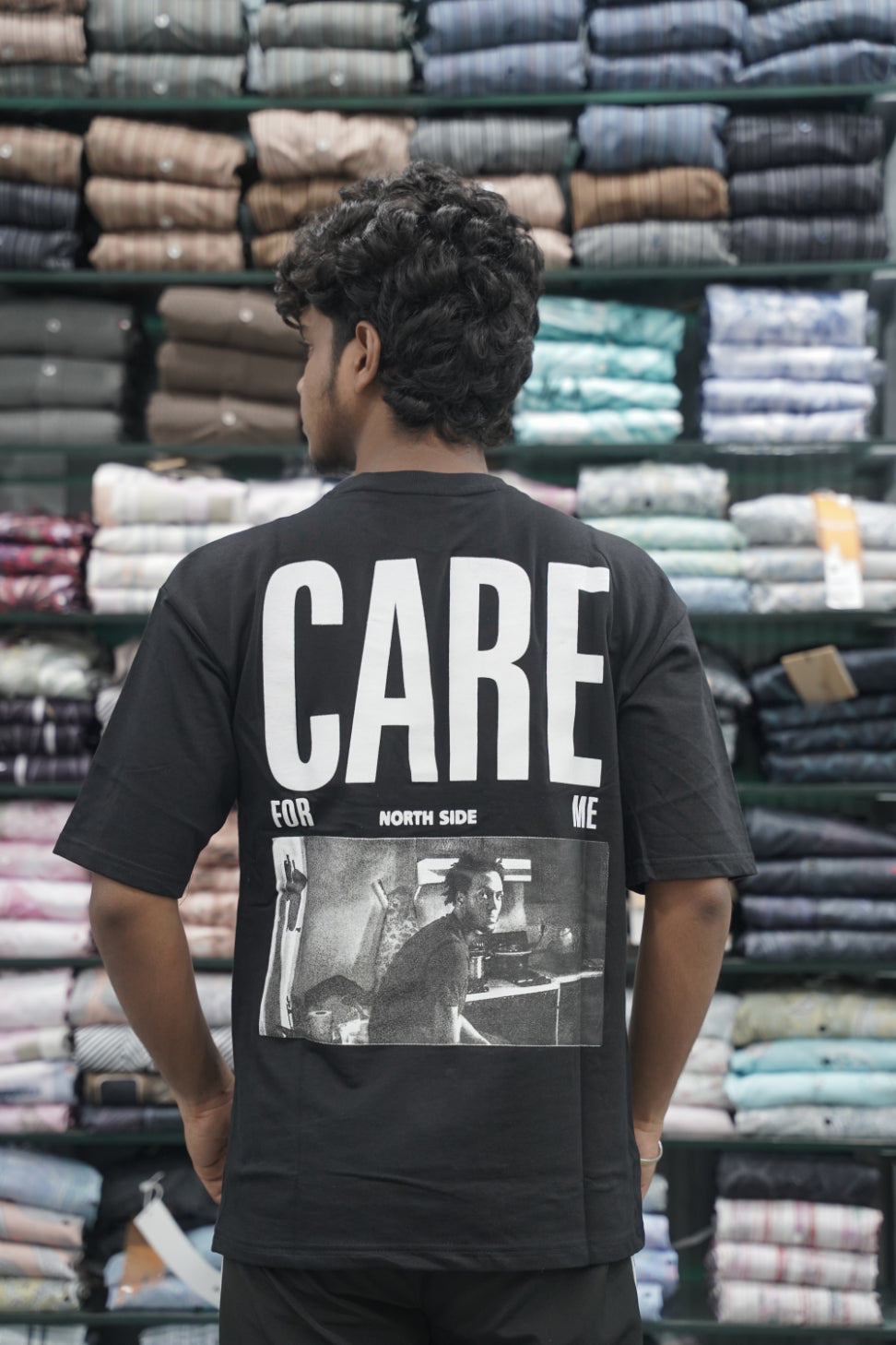 Mens Five Sleeve Back Printed CARE Oversize T-Shirt -Black