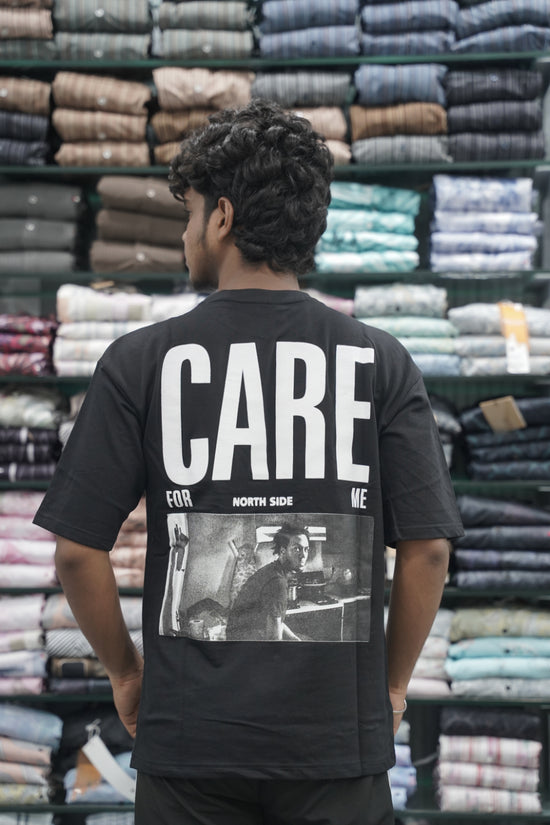 Mens Five Sleeve Back Printed CARE Oversize T-Shirt -Black