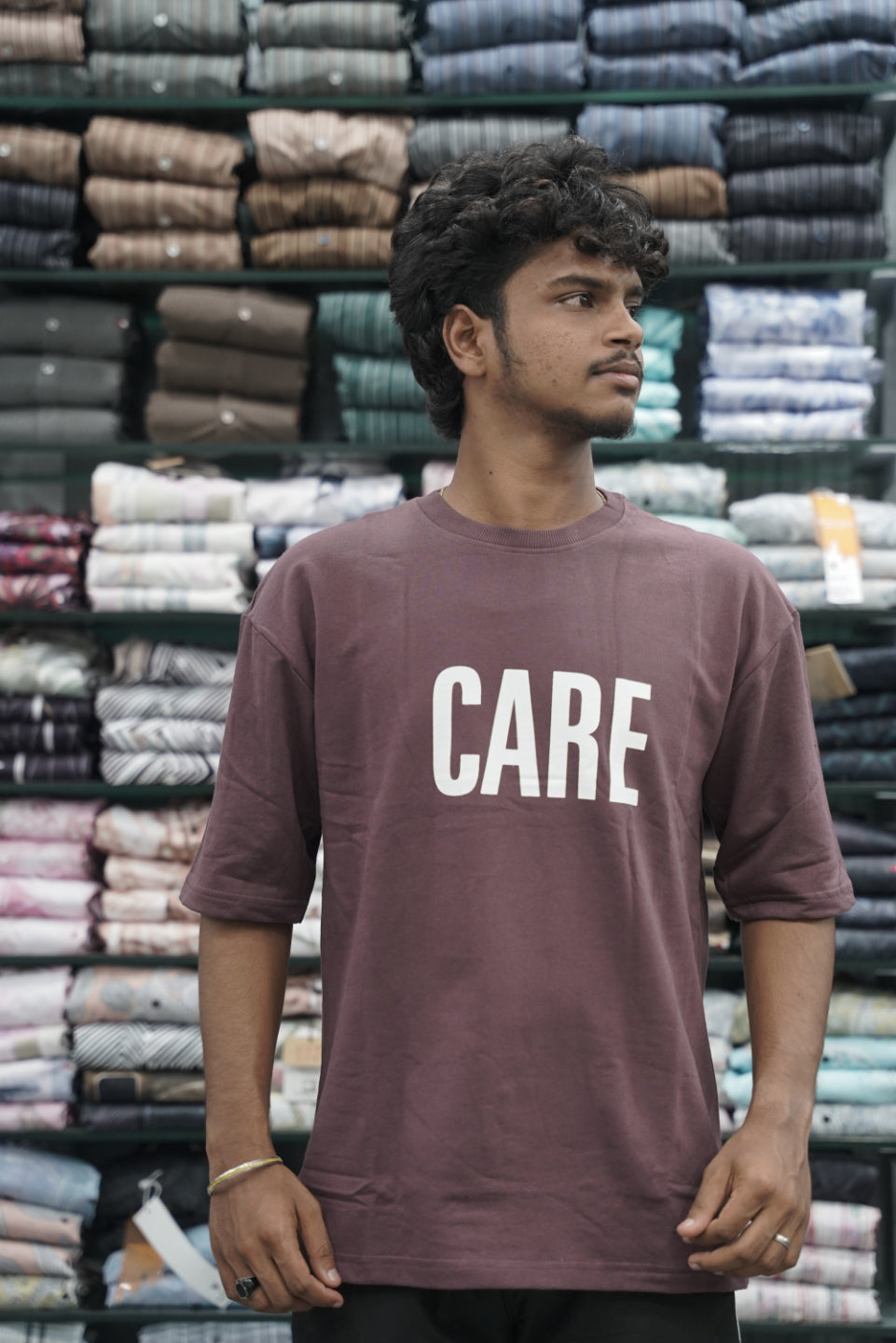 Mens Five Sleeve Back Printed CARE Oversize T-Shirt - Brown
