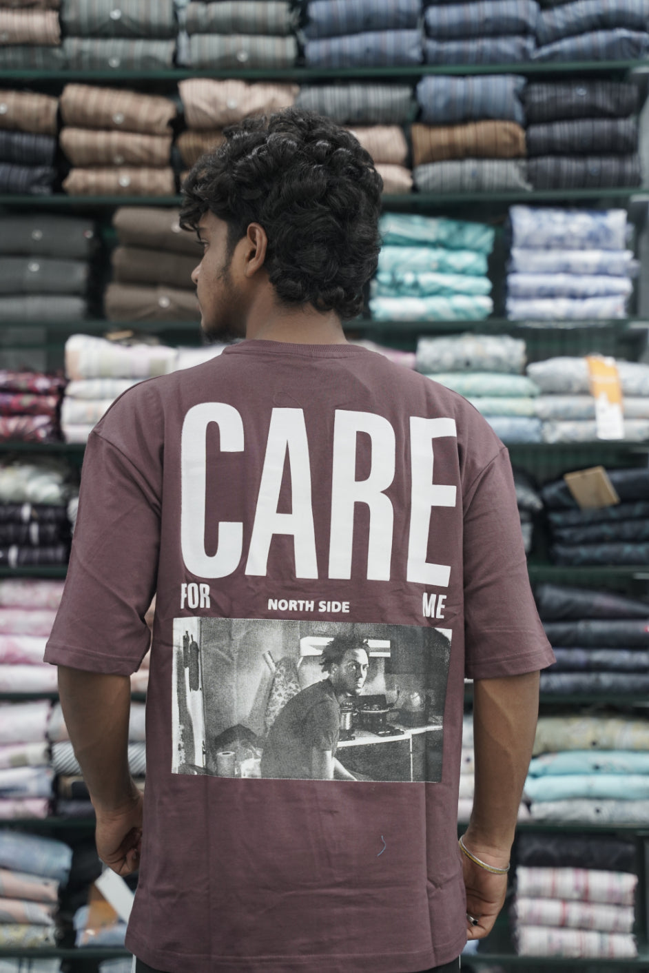 Mens Five Sleeve Back Printed CARE Oversize T-Shirt - Brown