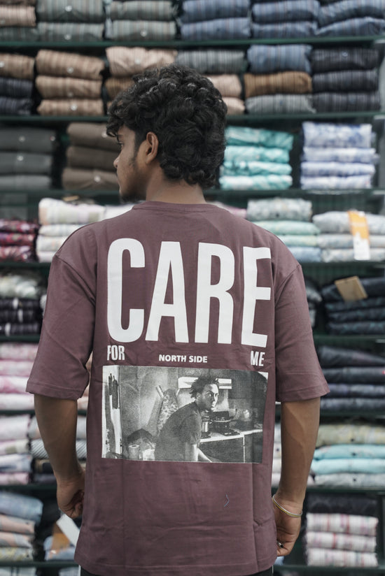Mens Five Sleeve Back Printed CARE Oversize T-Shirt - Brown