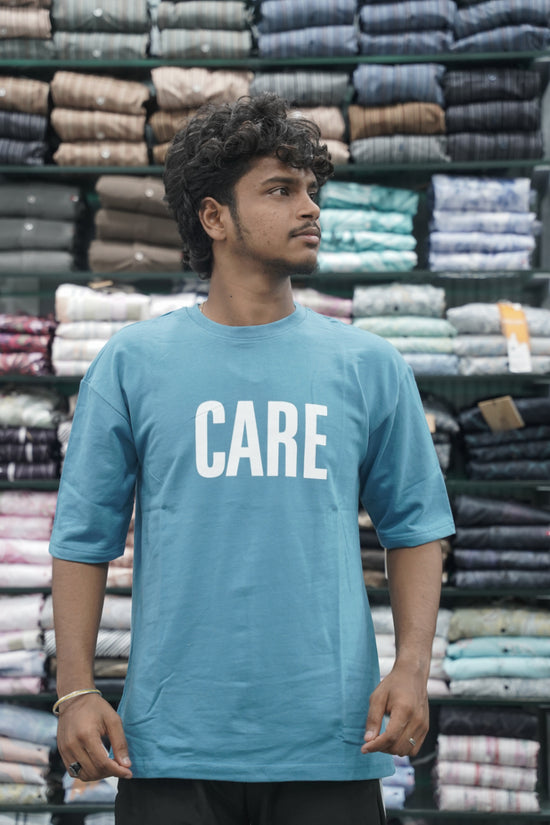 Mens Five Sleeve Back Printed CARE Oversize T-Shirt - Sky Blue