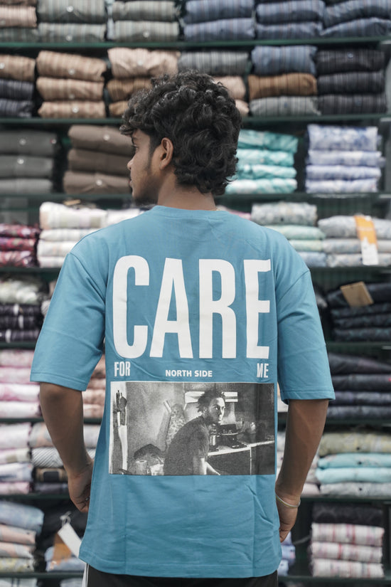 Mens Five Sleeve Back Printed CARE Oversize T-Shirt - Sky  Blue