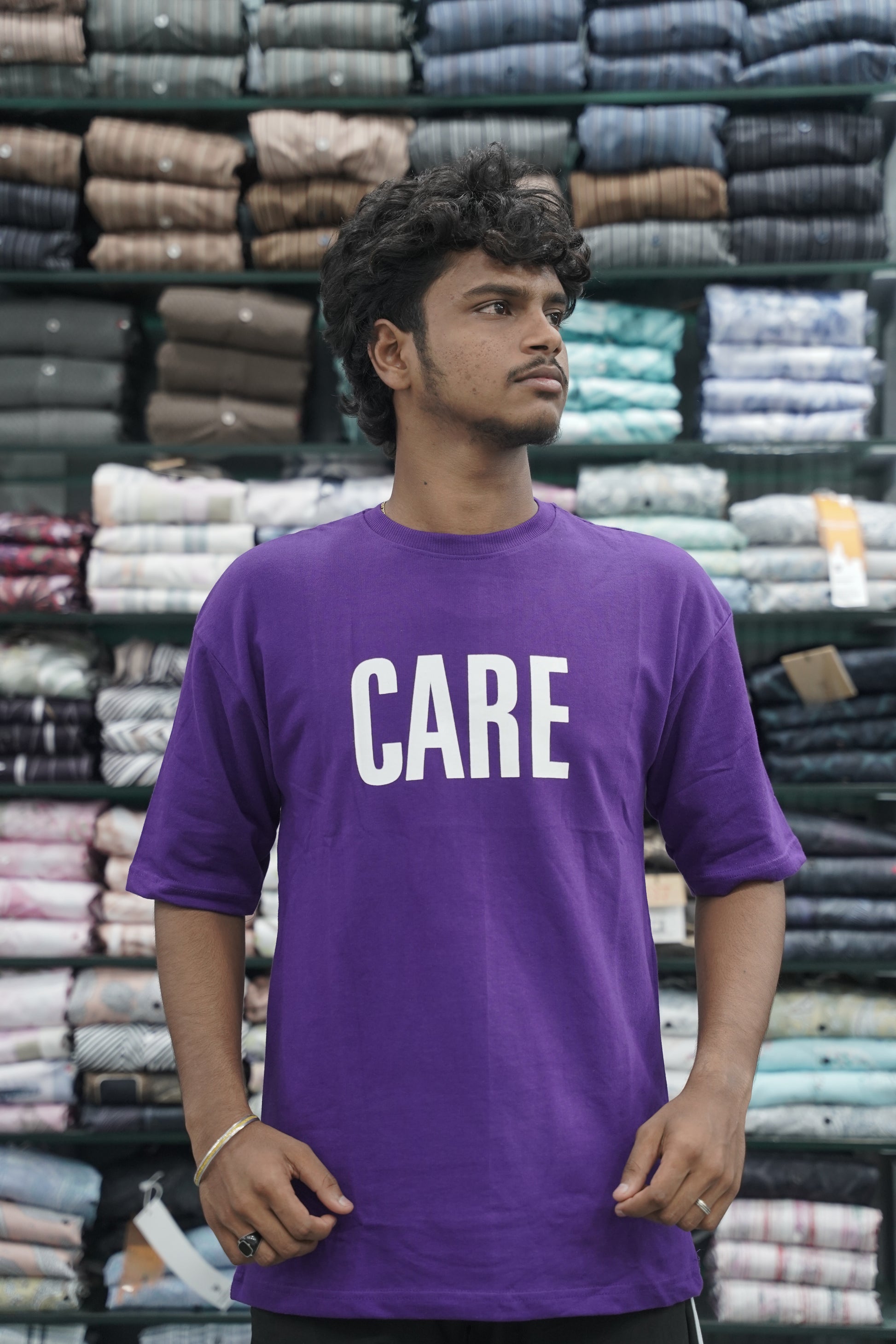 Mens Five Sleeve Back Printed CARE Oversize T-Shirt - Voilet 
