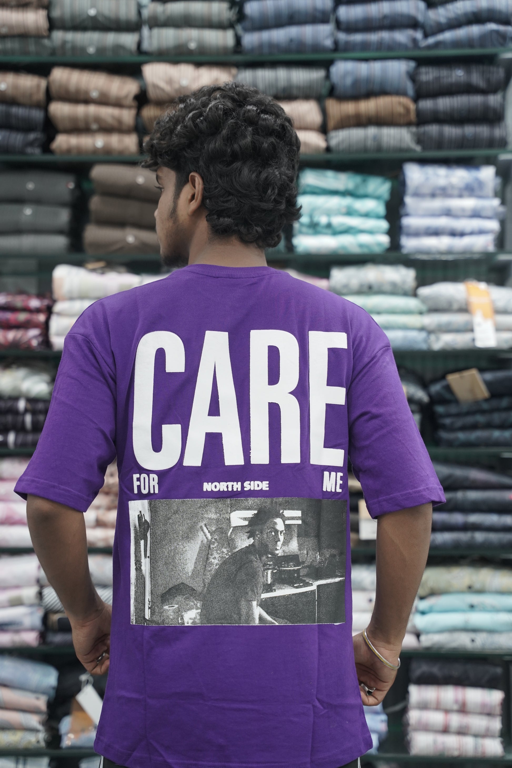 Mens Five Sleeve Back Printed CARE Oversize T-Shirt - Voilet 