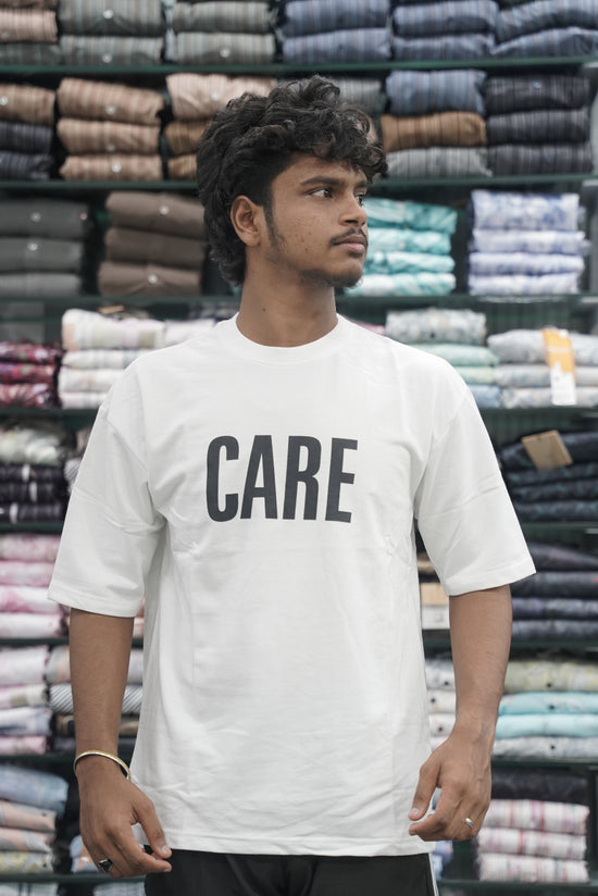 Mens Five Sleeve Back Printed CARE Oversize T-Shirt -White