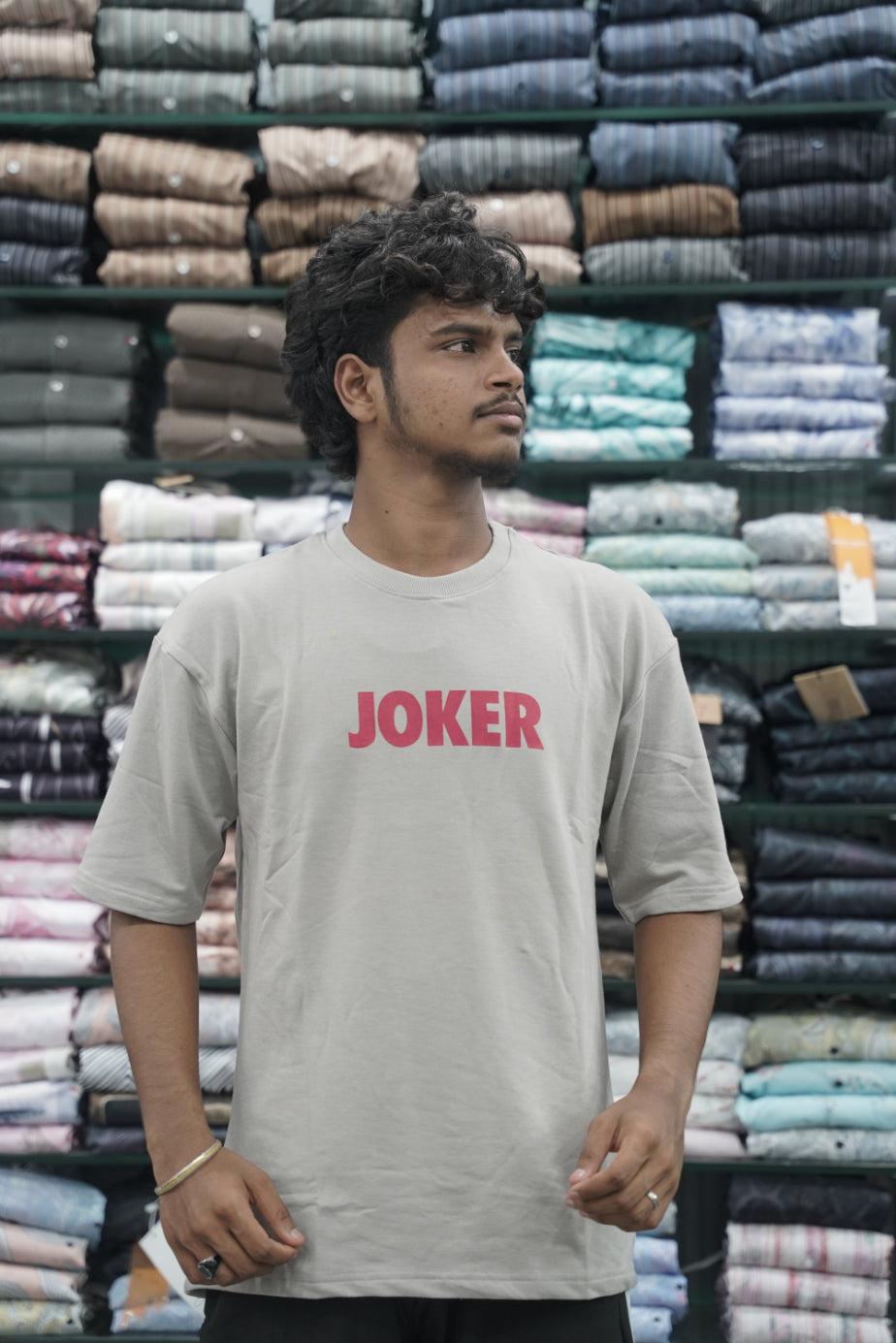 Mens Five Sleeve Back Printed JOKER Oversize T-Shirt - Grey