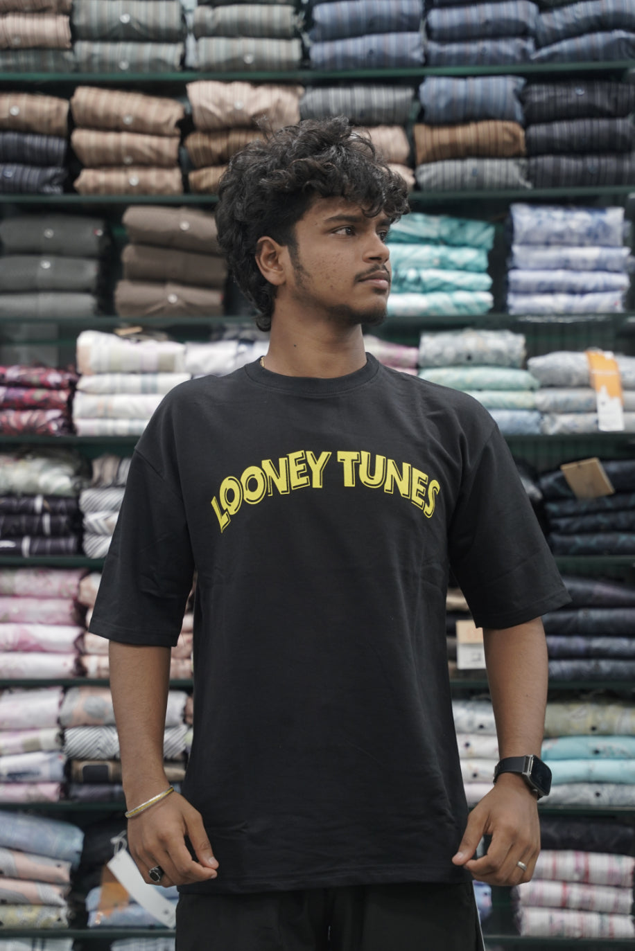 Mens Five Sleeve Back Printed LOONEY Oversize T-Shirt - Black