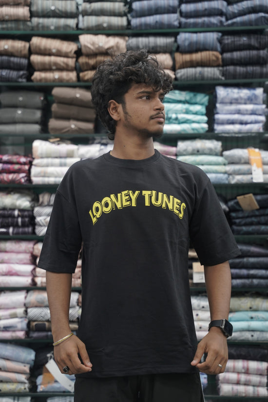 Mens Five Sleeve Back Printed LOONEY Oversize T-Shirt - Black