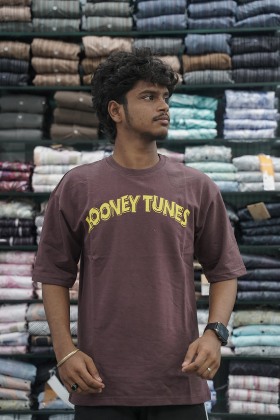 Mens Five Sleeve Back Printed LOONEY Oversize T-Shirt - Brown
