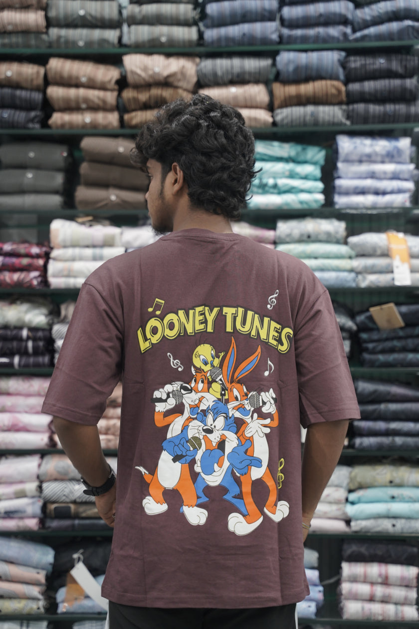 Mens Five Sleeve Back Printed LOONEY Oversize T-Shirt - Brown