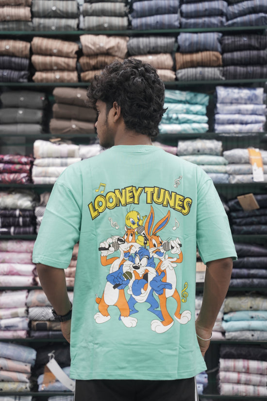 Mens Five Sleeve Back Printed LOONEY Oversize T-Shirt - Pista Green