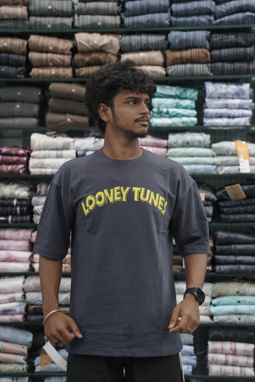 Mens Five Sleeve Back Printed LOONEY Oversize T-Shirt - Grey